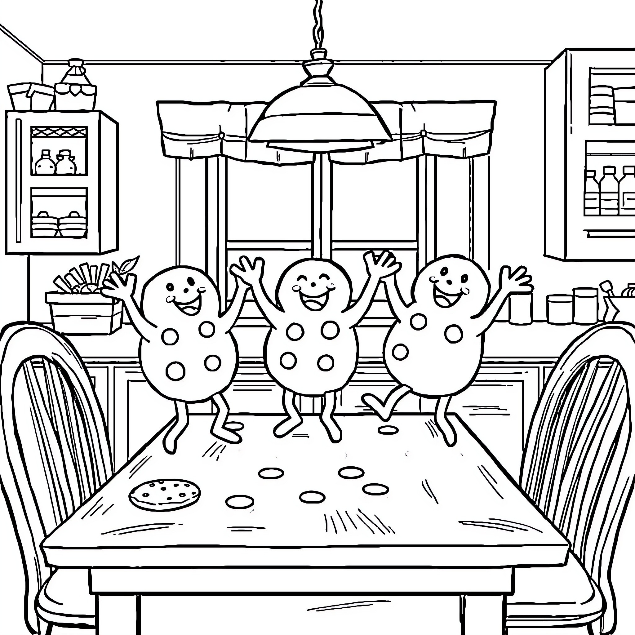 Cookie Characters Enjoying a Festive Gathering Coloring Page (free black-and-white line drawing printable PDF for all, from beginners to advanced learners, including children, teens, adults, and seniors)