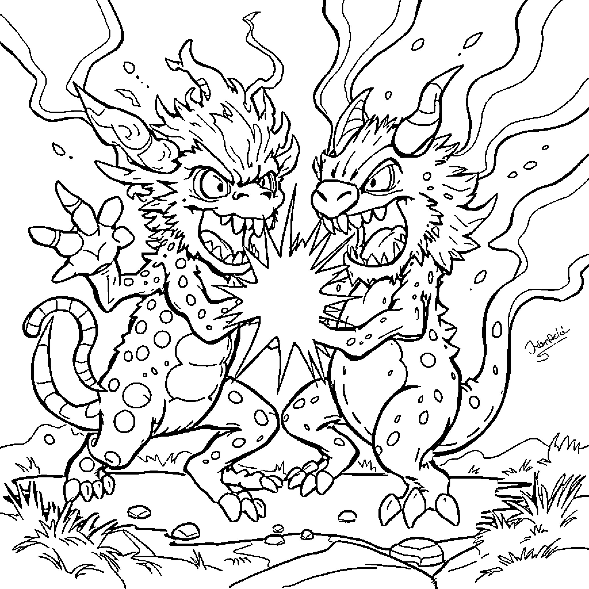 Bley's Fiery Dragon Encounter Coloring Page (free black-and-white line drawing printable PDF for all, from beginners to advanced learners, including children, teens, adults, and seniors)