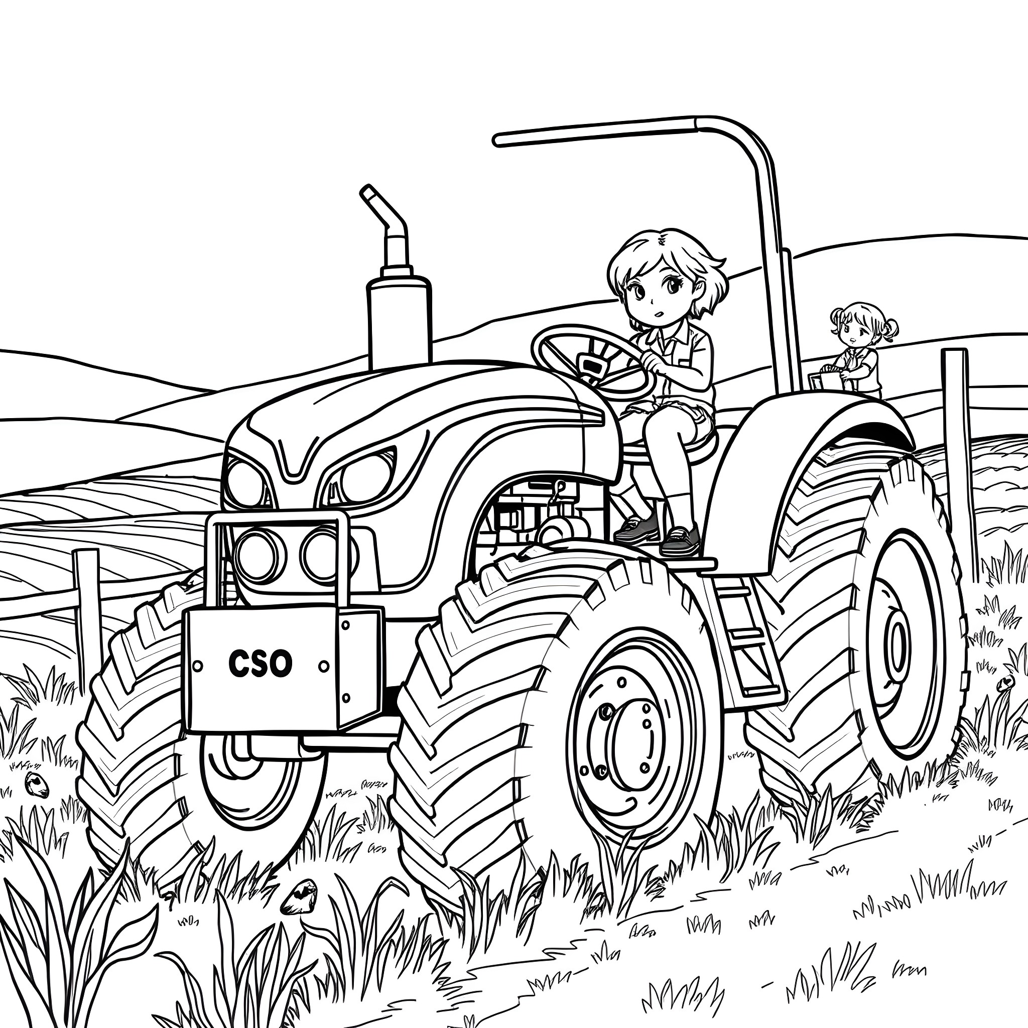 Girl operating a tractor on a rural farm Coloring Page (free black-and-white line drawing printable PDF for all, from beginners to advanced learners, including children, teens, adults, and seniors)