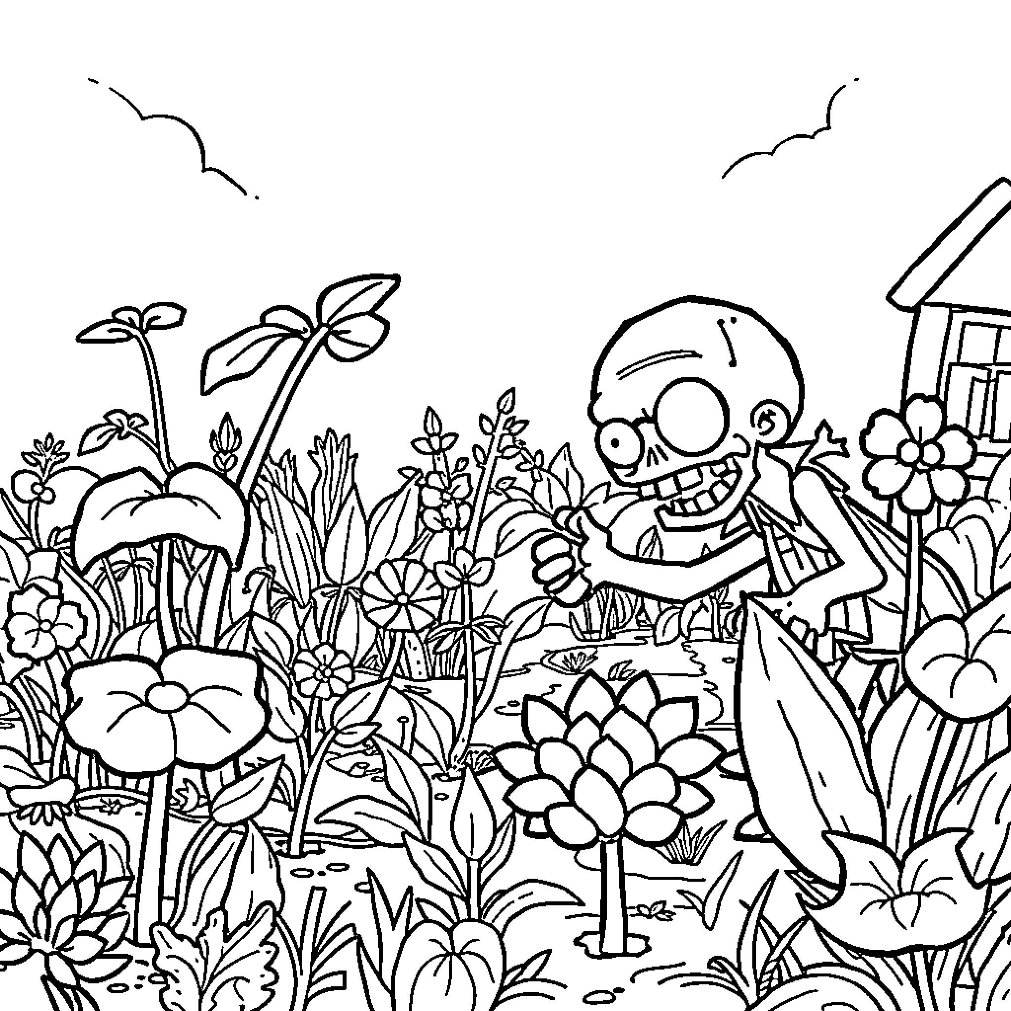 Plants vs. Zombies: Quirky Zombie Roaming Amongst Blooming Flowers Coloring Page (free black-and-white line drawing printable PDF for all, from beginners to advanced learners, including children, teens, adults, and seniors)