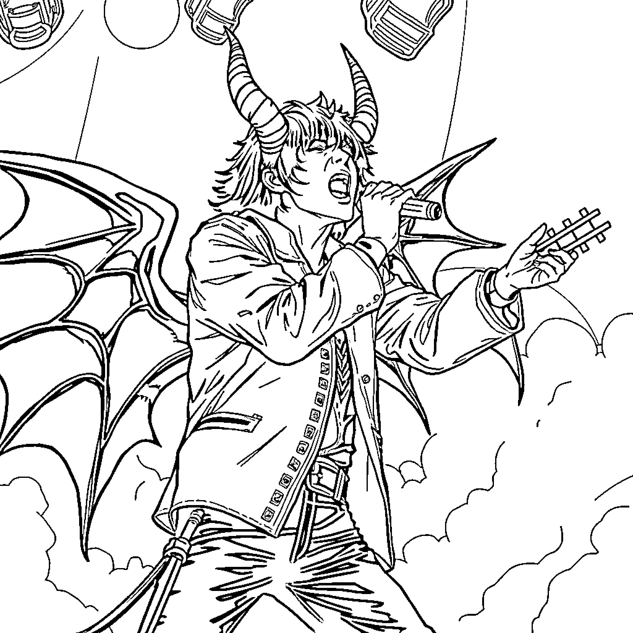 Rumi's Demonic Transformation: Horns, Wings, and Fiery Vocals Coloring Page (free black-and-white line drawing printable PDF for all, from beginners to advanced learners, including children, teens, adults, and seniors)