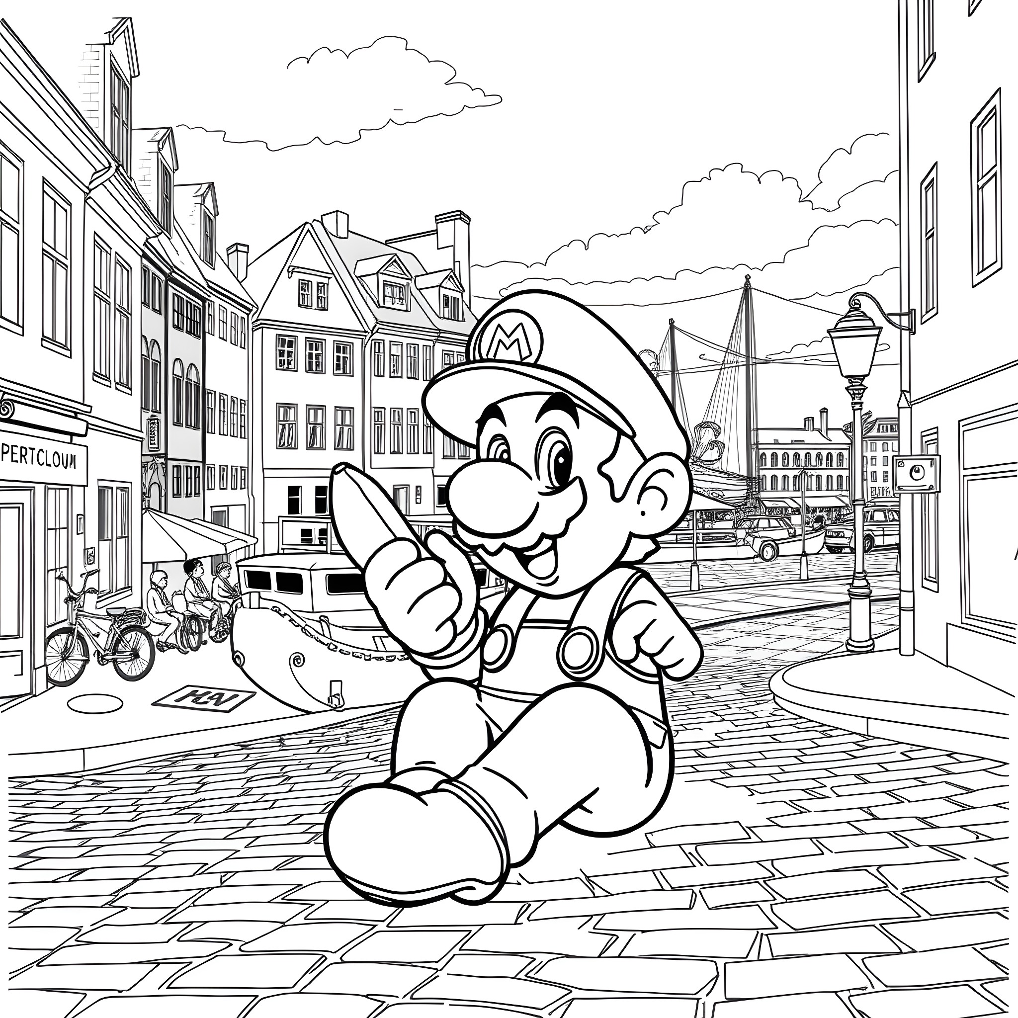 Mario Exploring a Colorful City Street Coloring Page (free black-and-white line drawing printable PDF for all, from beginners to advanced learners, including children, teens, adults, and seniors)