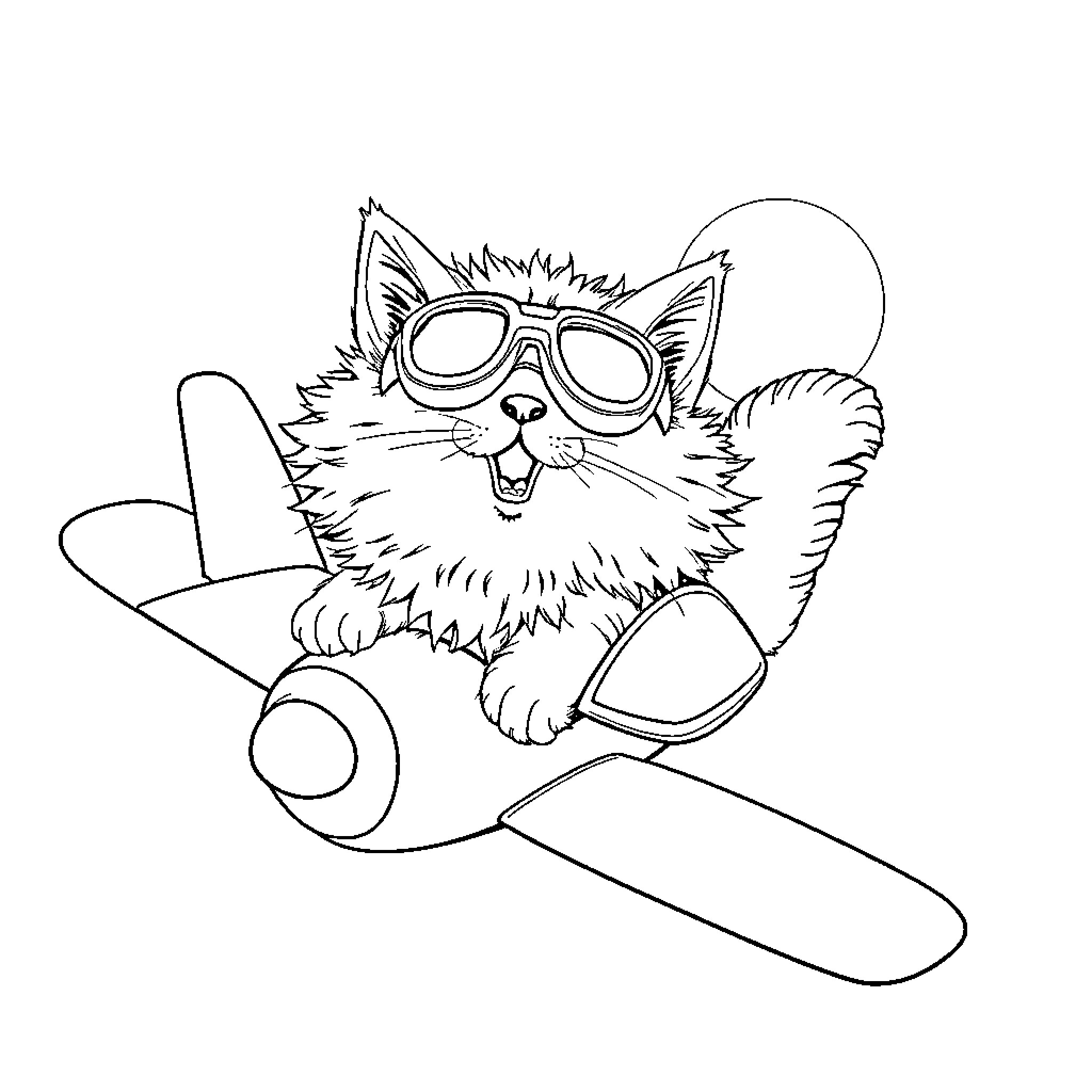 Cat aviator riding on airplane Coloring Page (free black-and-white line drawing printable PDF for all, from beginners to advanced learners, including children, teens, adults, and seniors)