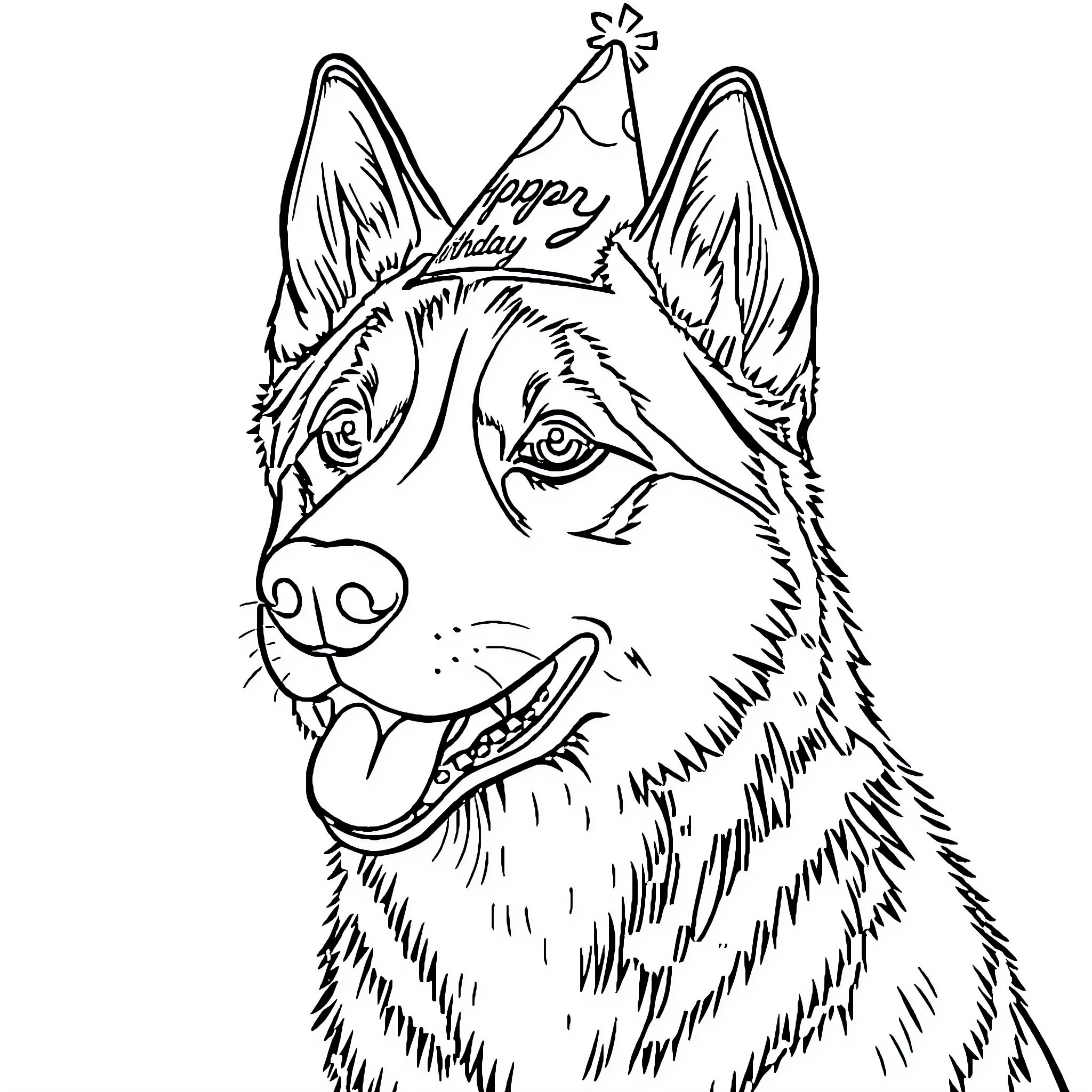 Siberian Husky wearing a party hat Coloring Page (free black-and-white line drawing printable PDF for all, from beginners to advanced learners, including children, teens, adults, and seniors)