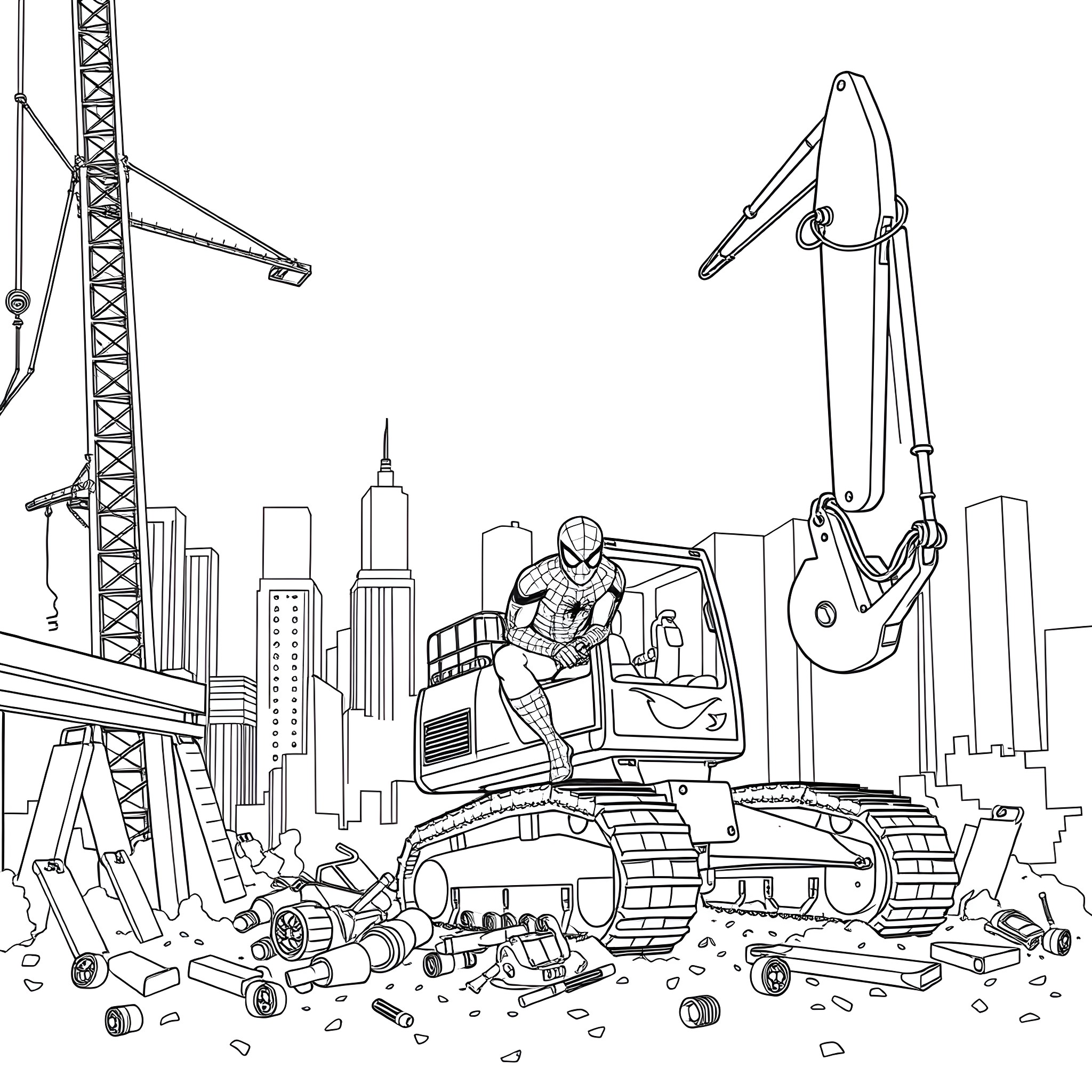 Spider-Man Saving the City from Destruction Coloring Page (free black-and-white line drawing printable PDF for all, from beginners to advanced learners, including children, teens, adults, and seniors)