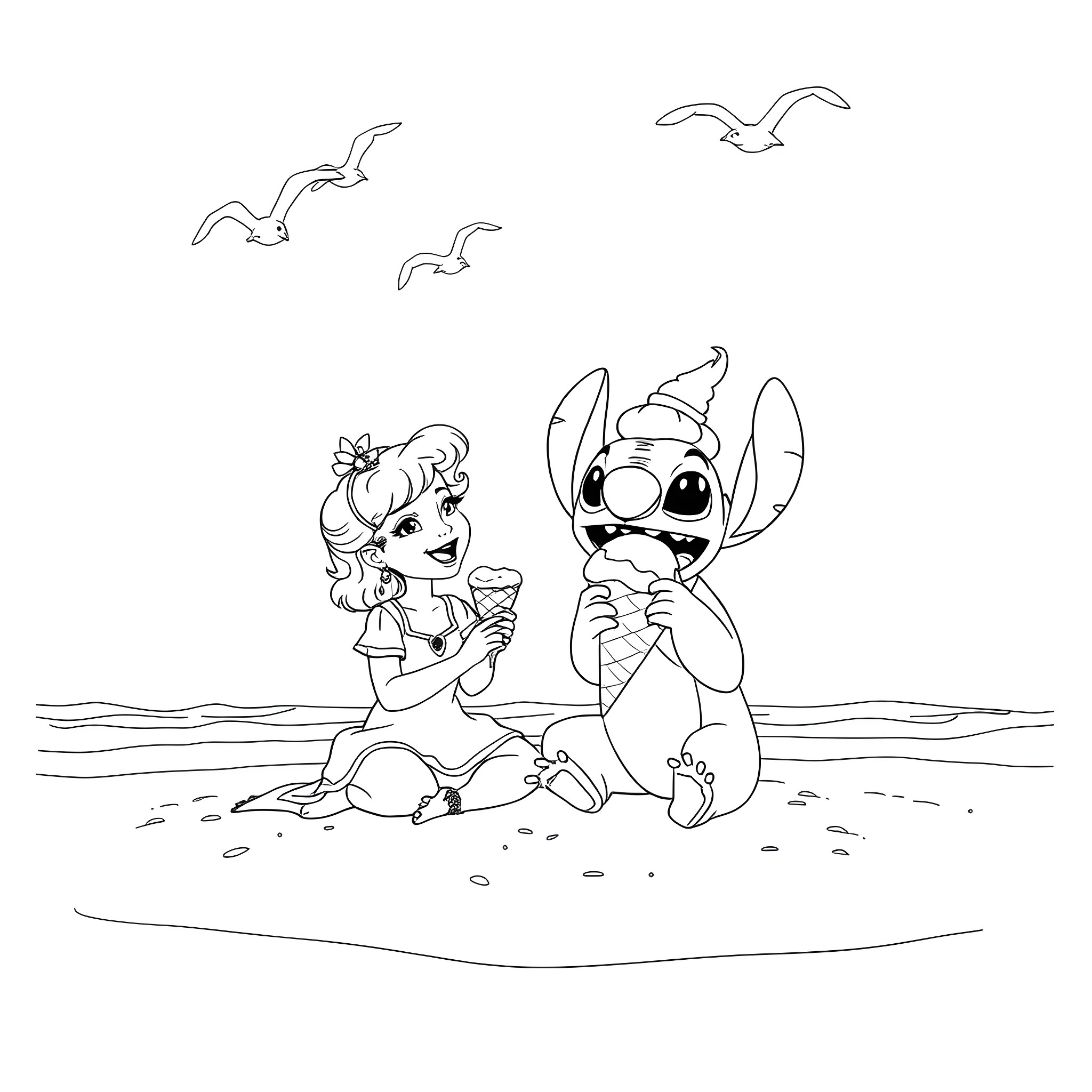 Marie and Stitch enjoy a seaside adventure Coloring Page (free black-and-white line drawing printable PDF for all, from beginners to advanced learners, including children, teens, adults, and seniors)