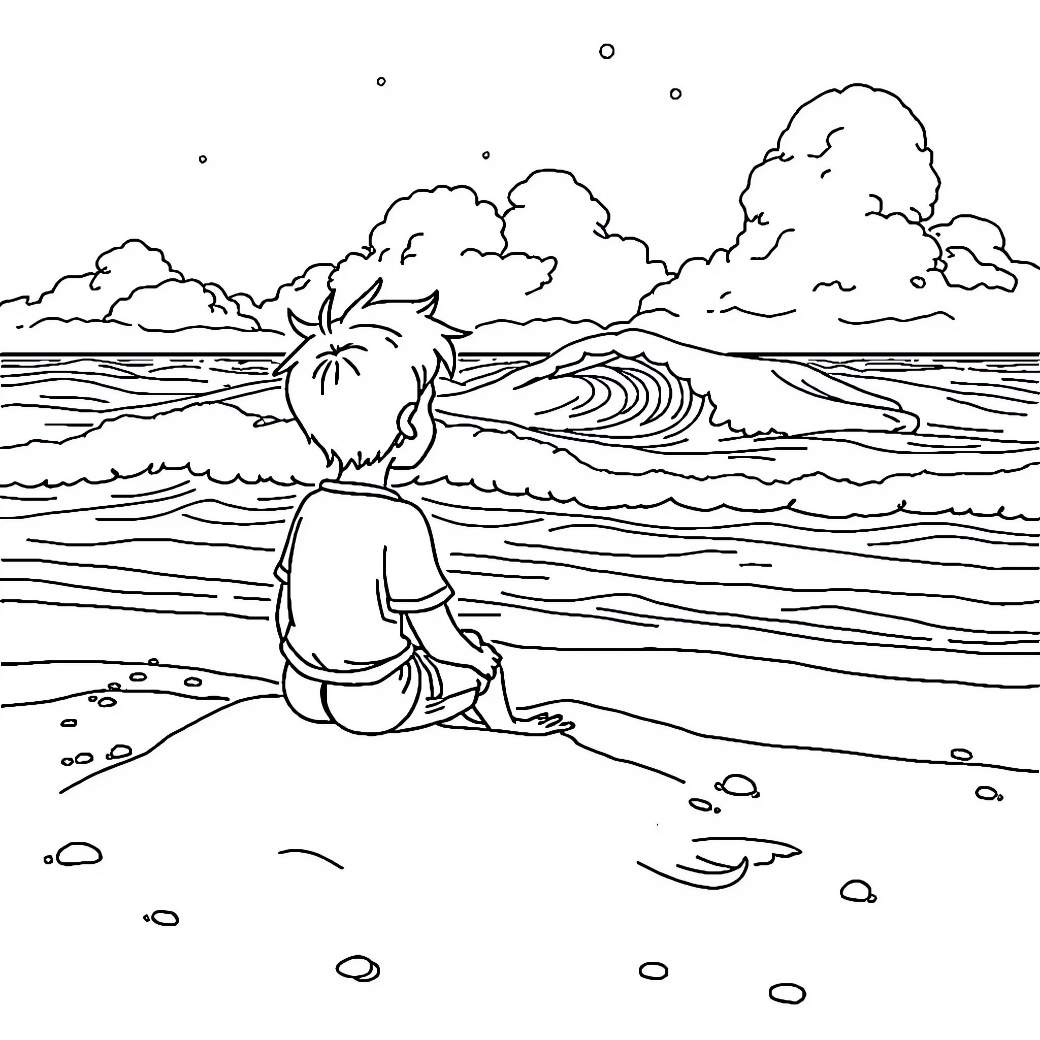 Little Prince gazing at the peaceful ocean Coloring Page (free black-and-white line drawing printable PDF for all, from beginners to advanced learners, including children, teens, adults, and seniors)