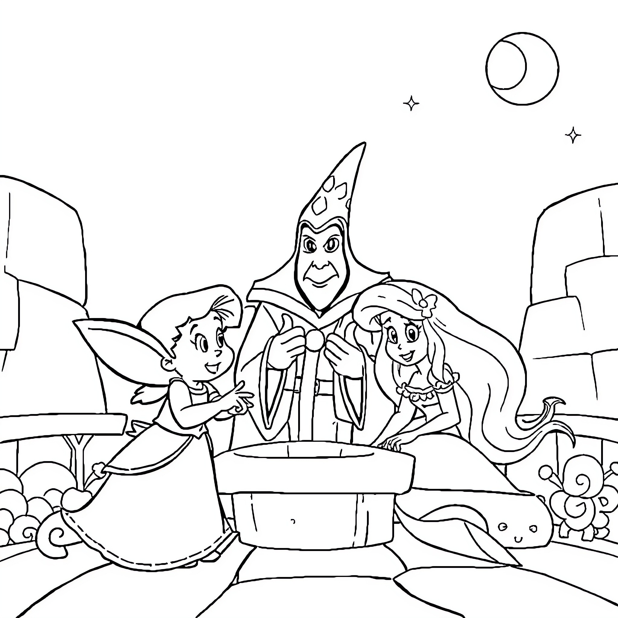 Disney Princess Celebration with Magician and Fairy Coloring Page (free black-and-white line drawing printable PDF for all, from beginners to advanced learners, including children, teens, adults, and seniors)