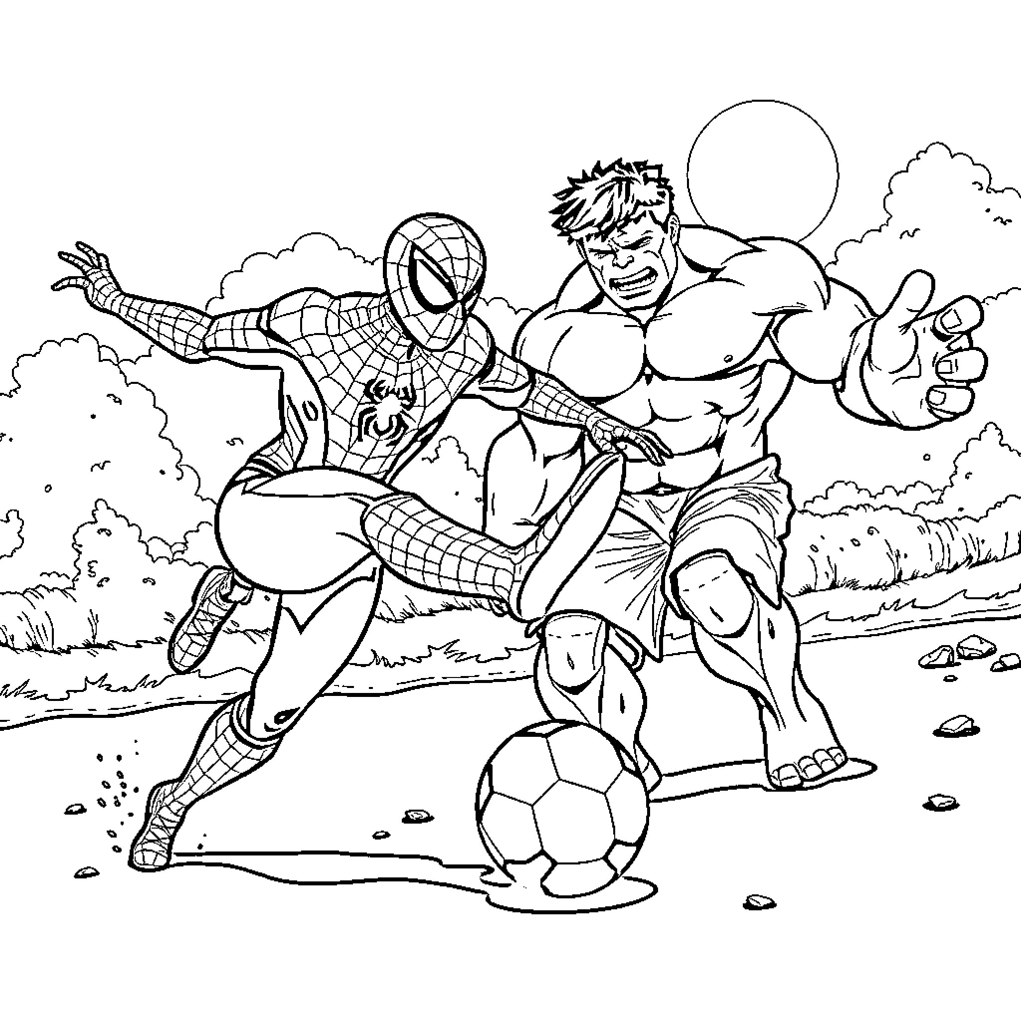 Spider-Man and Hulk competing in a soccer match Coloring Page (free black-and-white line drawing printable PDF for all, from beginners to advanced learners, including children, teens, adults, and seniors)
