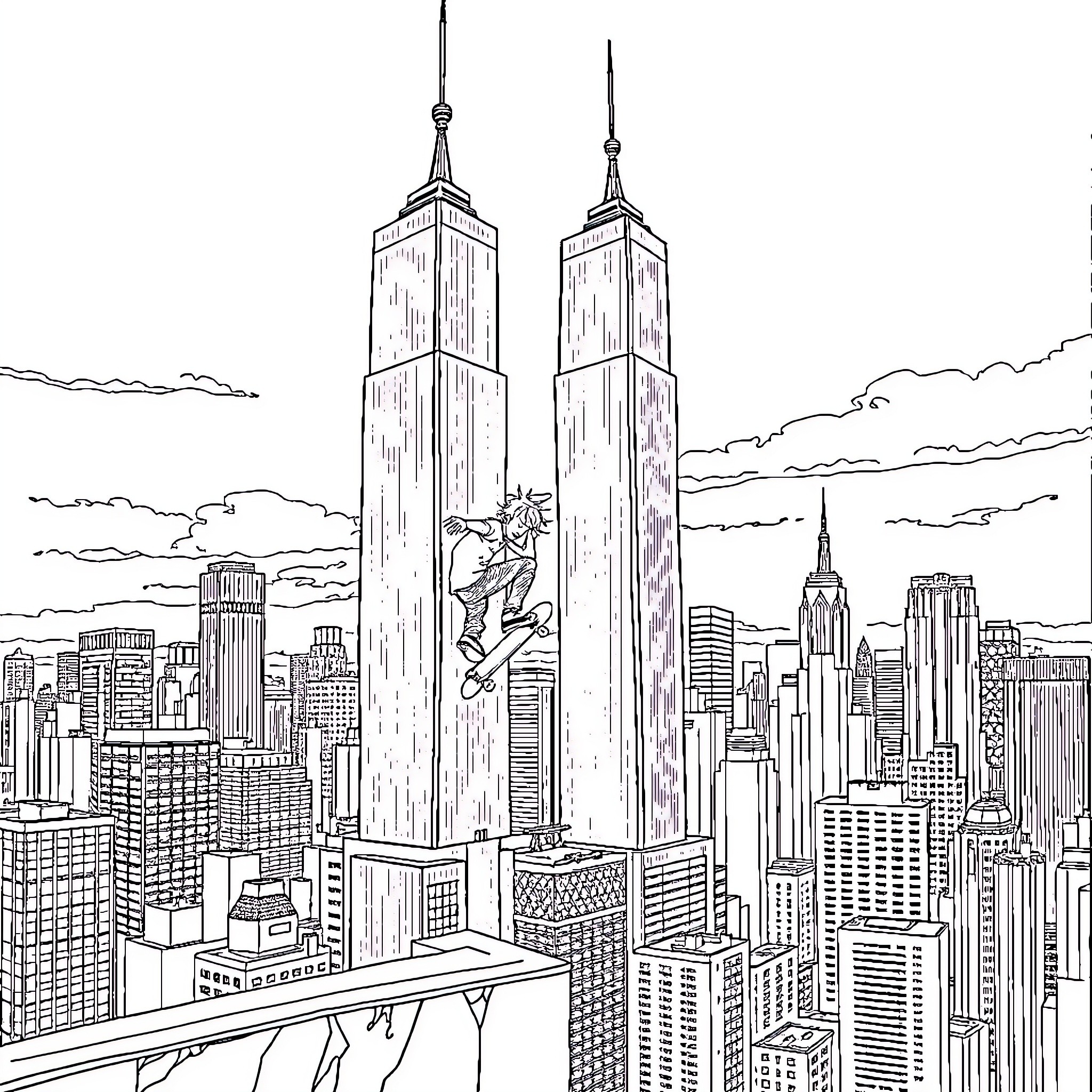 Skateboarding through the iconic city skyline Coloring Page (free black-and-white line drawing printable PDF for all, from beginners to advanced learners, including children, teens, adults, and seniors)