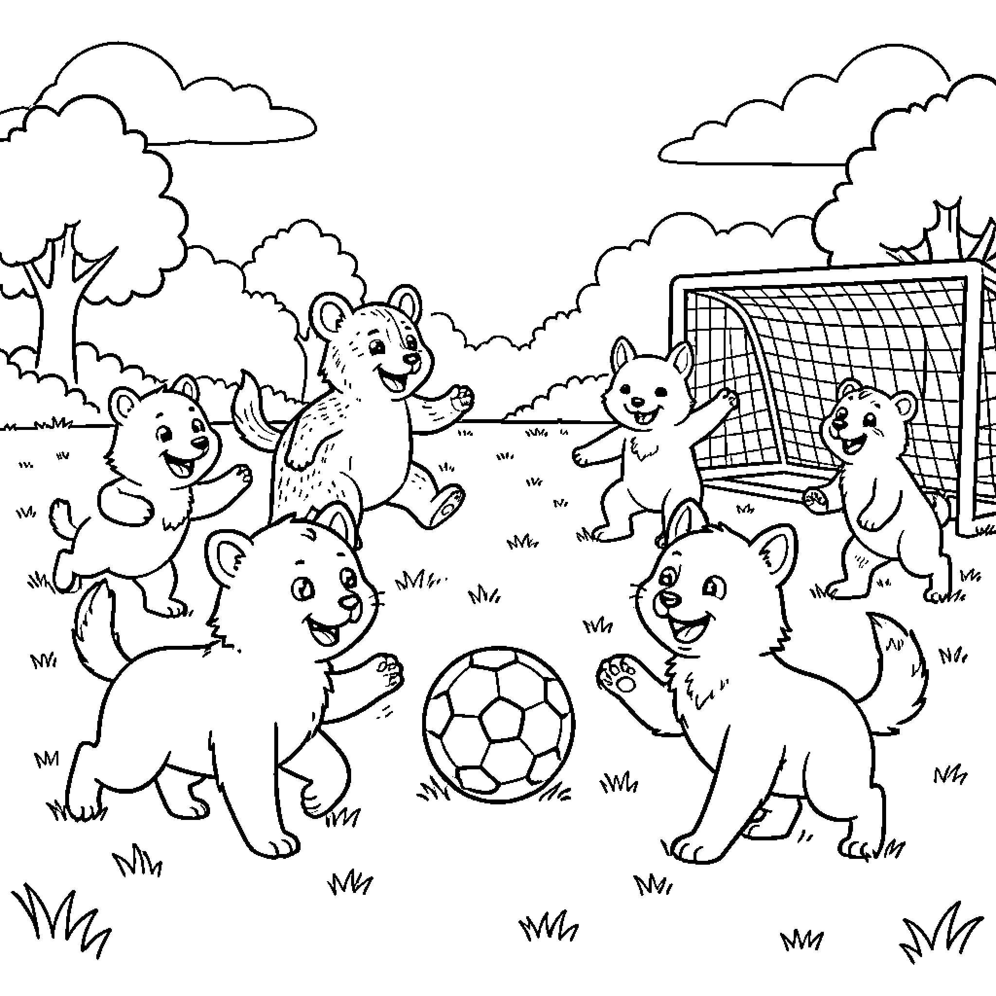 Animals playing soccer together in a grassy field Coloring Page (free black-and-white line drawing printable PDF for all, from beginners to advanced learners, including children, teens, adults, and seniors)