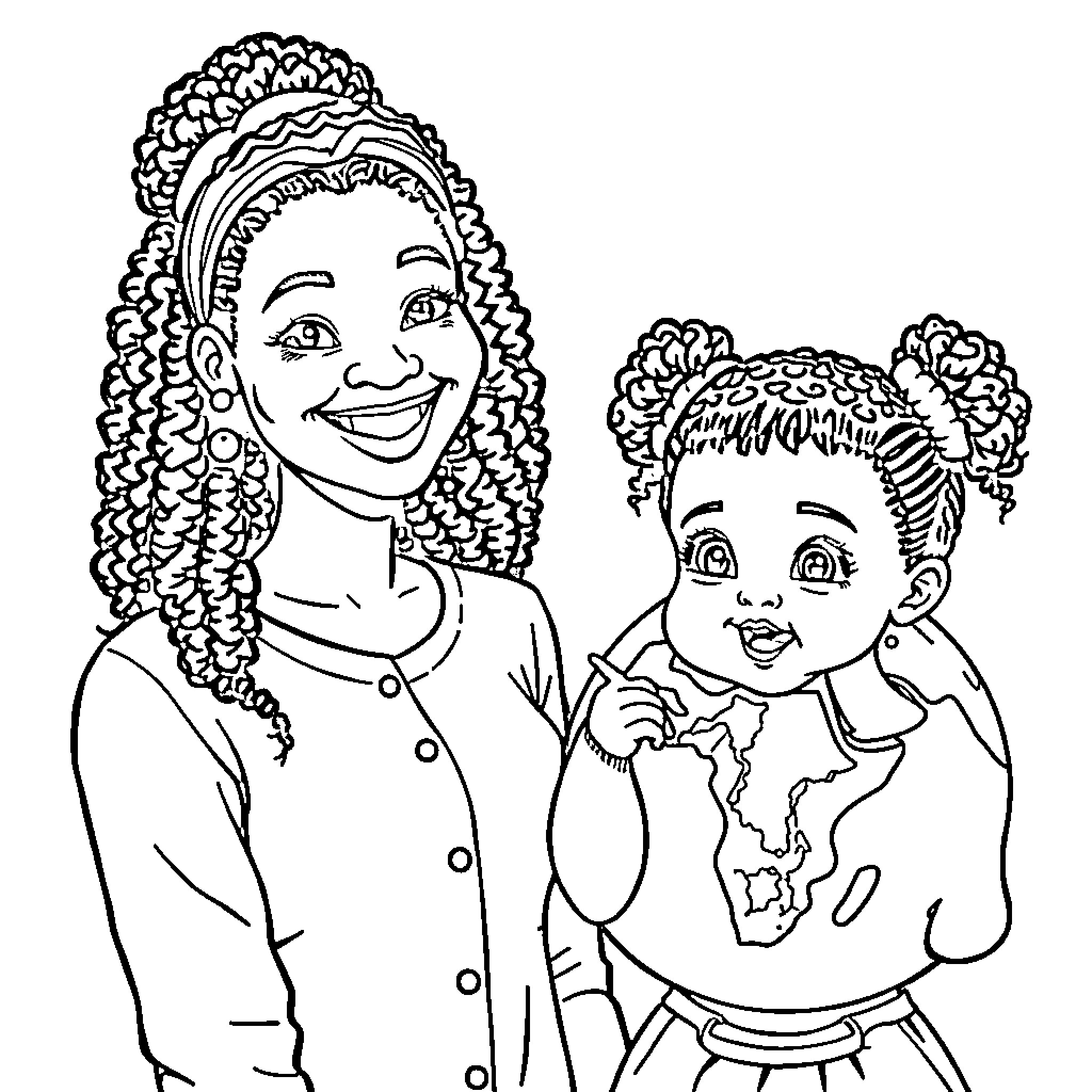 Auntie and child sharing a happy moment Coloring Page (free black-and-white line drawing printable PDF for all, from beginners to advanced learners, including children, teens, adults, and seniors)