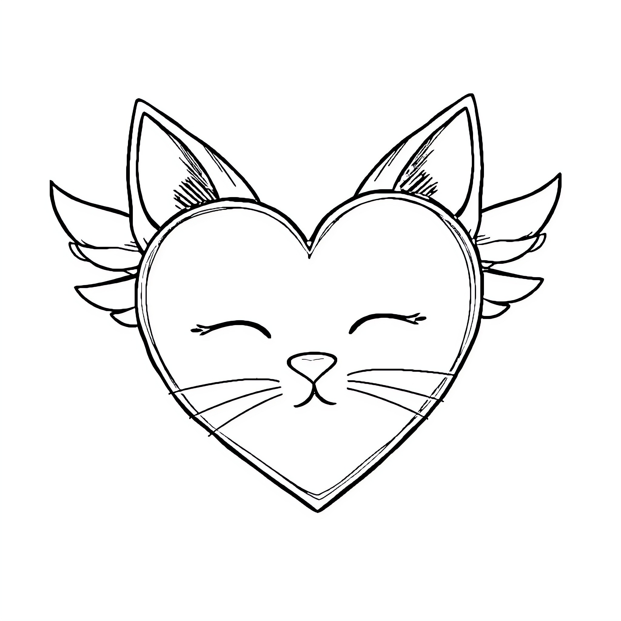 Heart-shaped Cat with Whimsical Expression Coloring Page (free black-and-white line drawing printable PDF for all, from beginners to advanced learners, including children, teens, adults, and seniors)