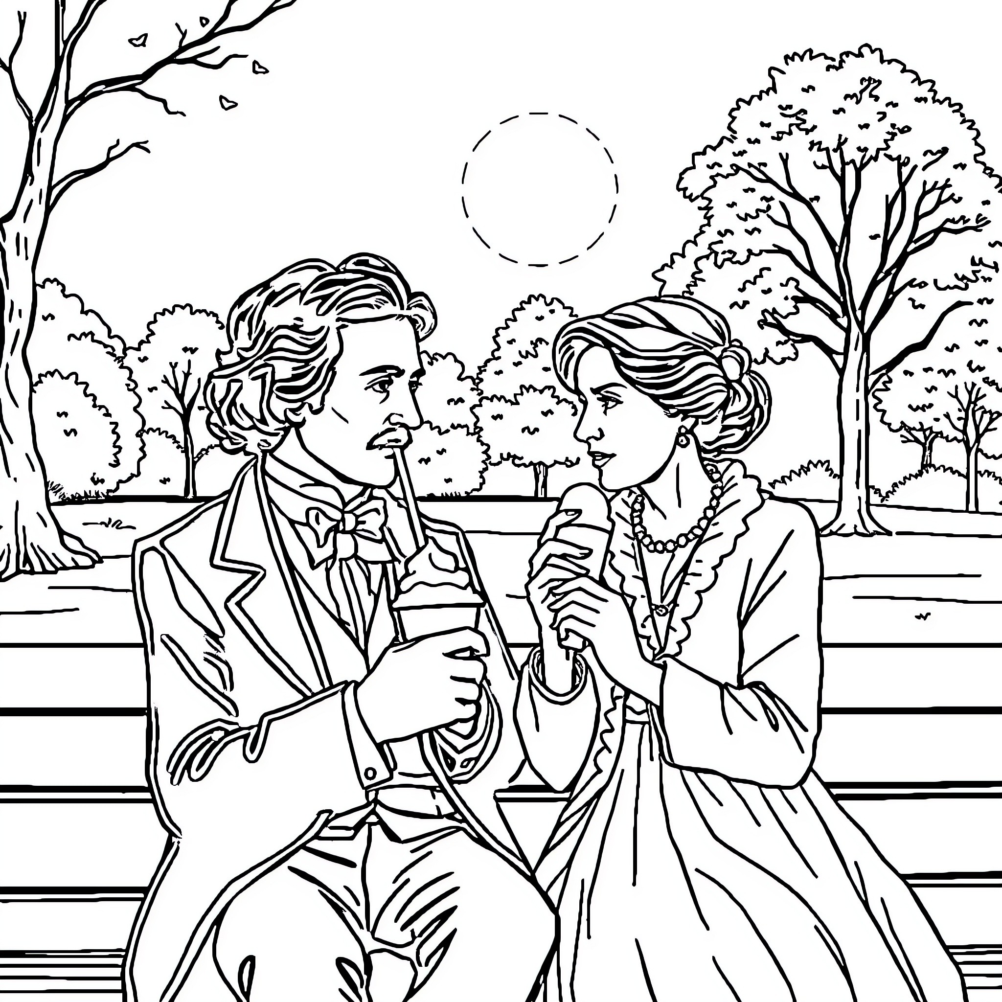 Edgar Allan Poe's romantic encounter in the park Coloring Page (free black-and-white line drawing printable PDF for all, from beginners to advanced learners, including children, teens, adults, and seniors)