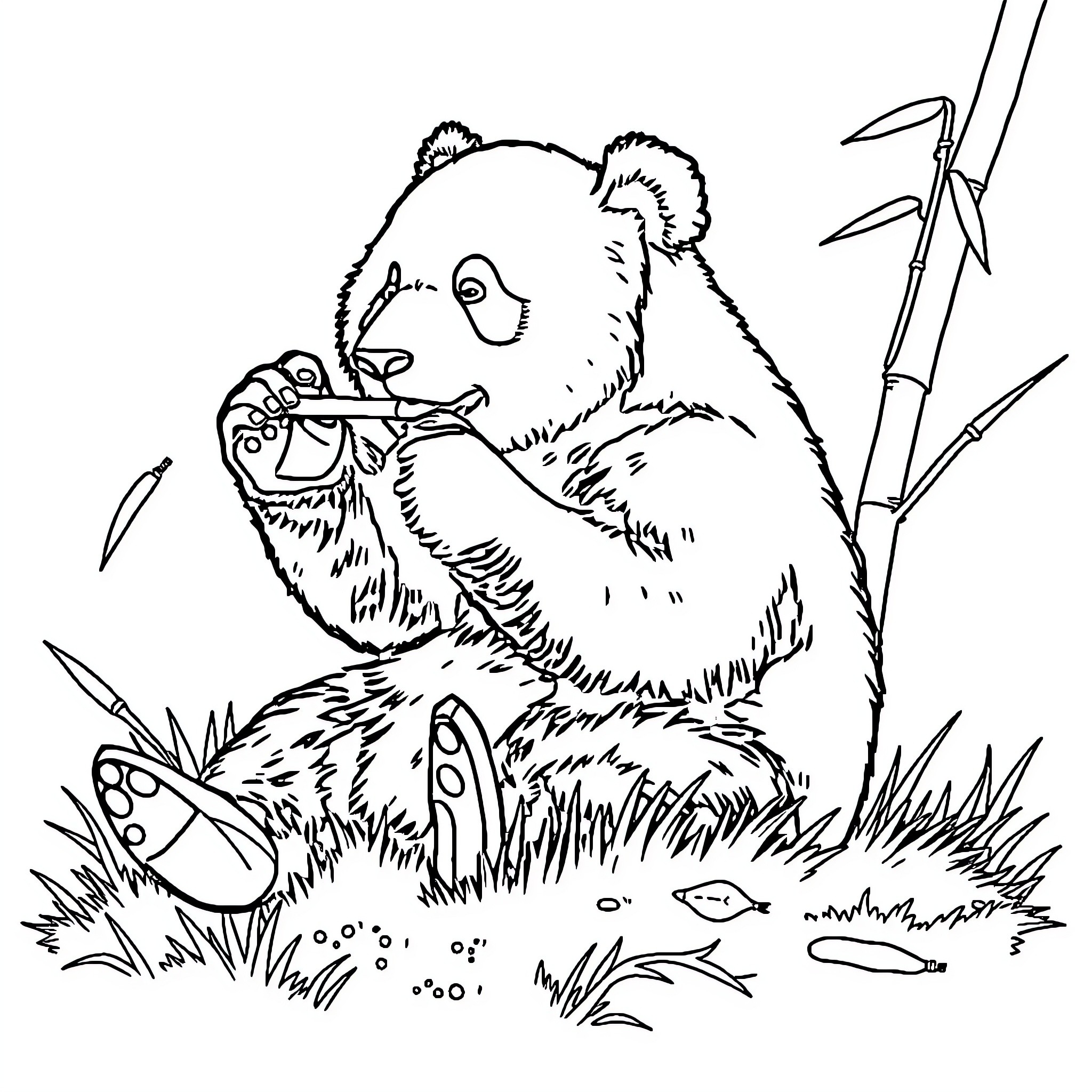 Panda eating bamboo in the wild Coloring Page (free black-and-white line drawing printable PDF for all, from beginners to advanced learners, including children, teens, adults, and seniors)