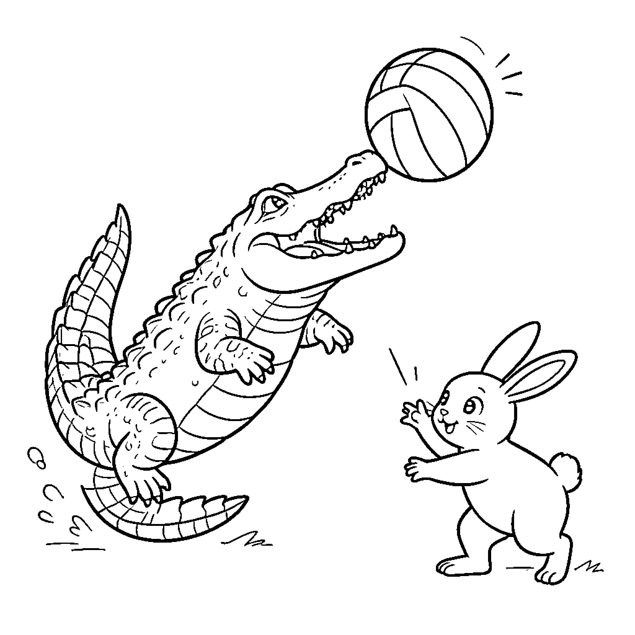 Alligator playing with a ball alongside a rabbit Coloring Page (free black-and-white line drawing printable PDF for all, from beginners to advanced learners, including children, teens, adults, and seniors)