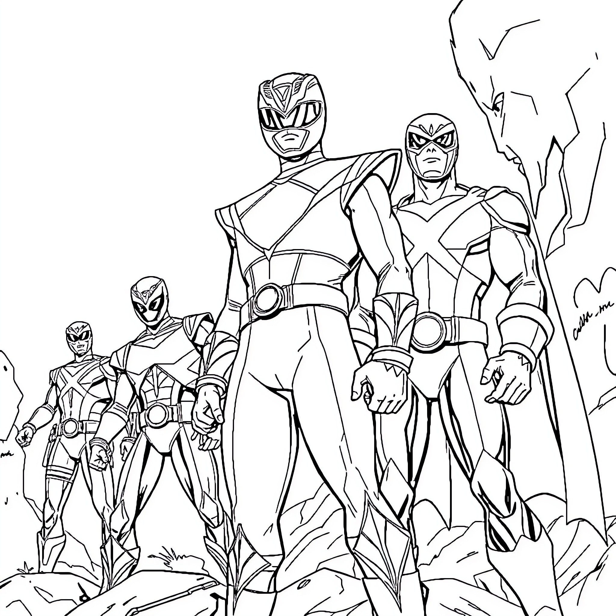 Power Rangers heroically standing together in action Coloring Page (free black-and-white line drawing printable PDF for all, from beginners to advanced learners, including children, teens, adults, and seniors)
