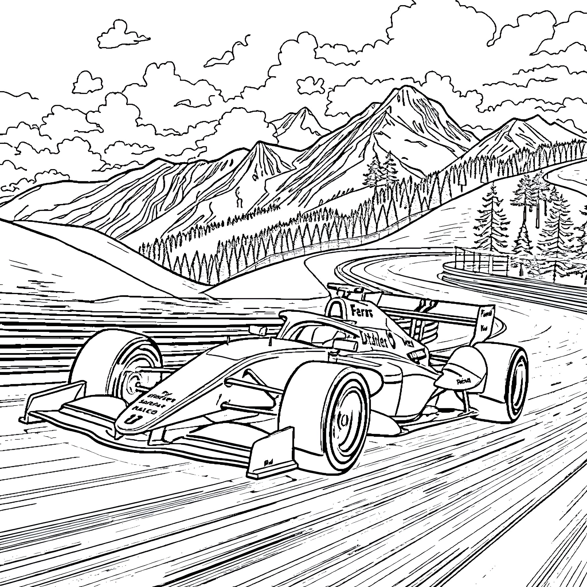 Formula 1 Car Racing Through Mountainous Landscape Coloring Page (free black-and-white line drawing printable PDF for all, from beginners to advanced learners, including children, teens, adults, and seniors)