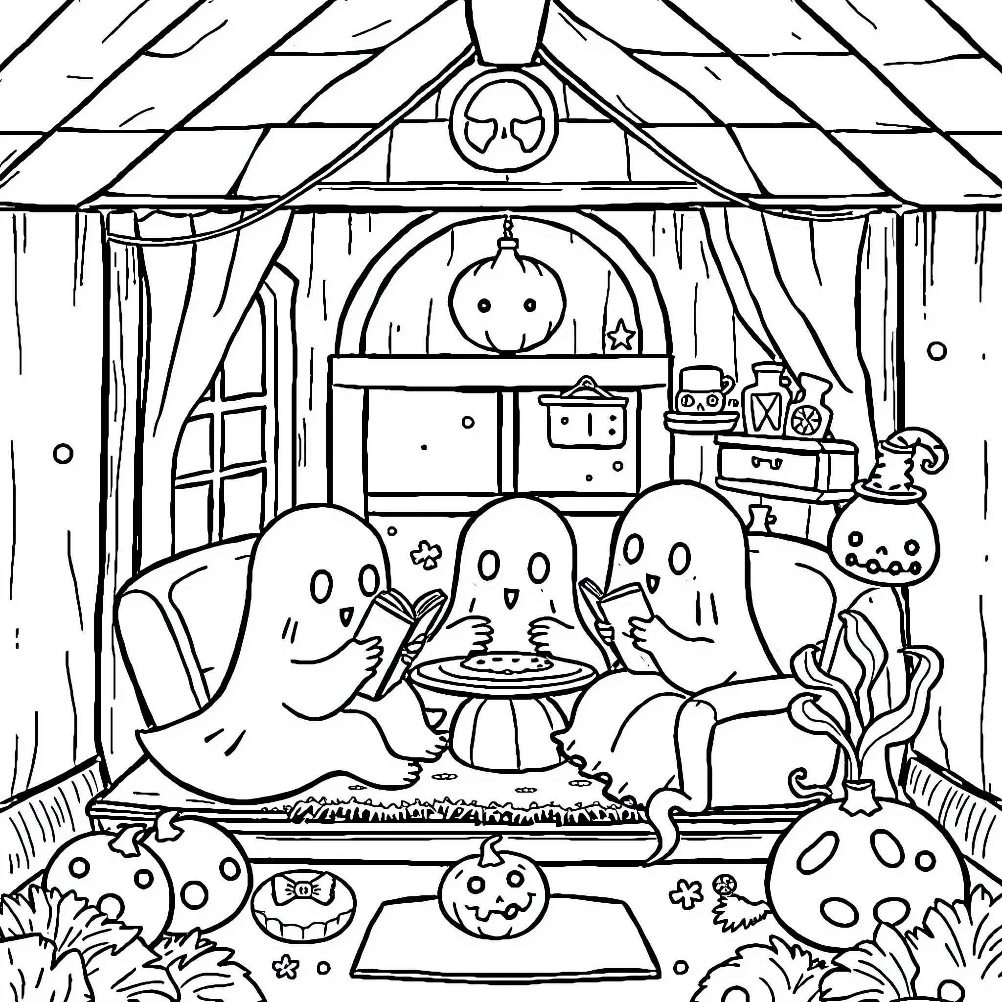 Ghost party in a haunted house Coloring Page (free black-and-white line drawing printable PDF for all, from beginners to advanced learners, including children, teens, adults, and seniors)