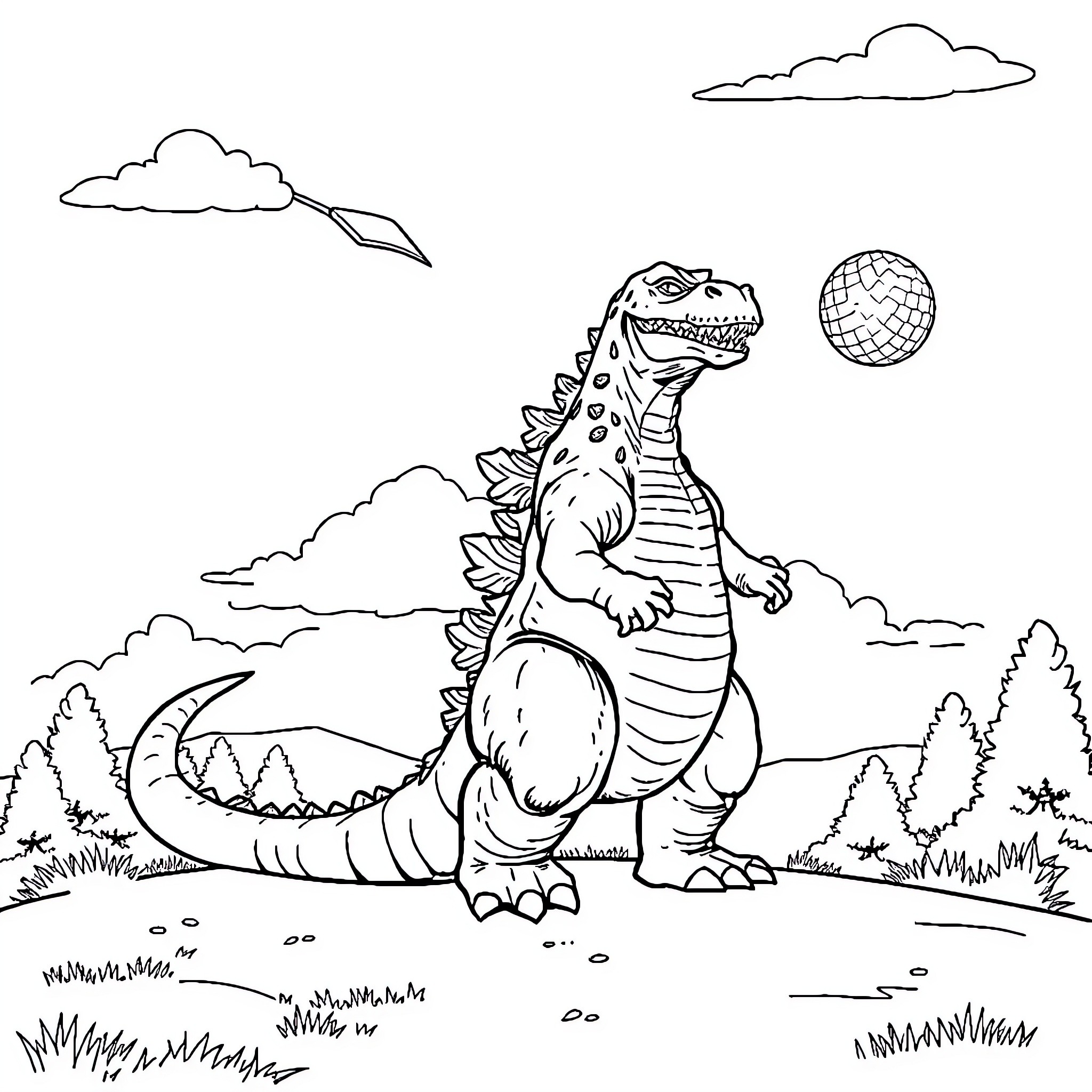 Godzilla stomping through the forest with a disco ball Coloring Page (free black-and-white line drawing printable PDF for all, from beginners to advanced learners, including children, teens, adults, and seniors)