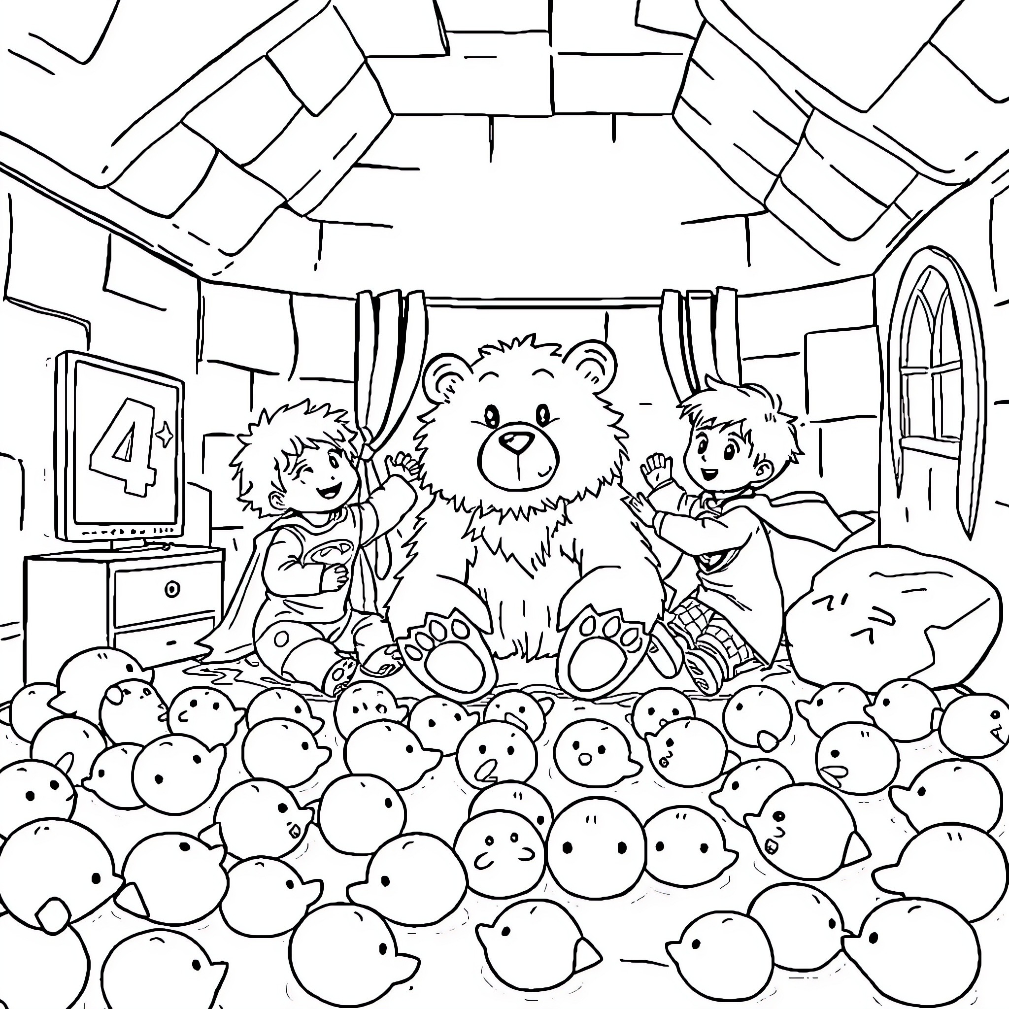 Niño and animal friends in a cozy room Coloring Page (free black-and-white line drawing printable PDF for all, from beginners to advanced learners, including children, teens, adults, and seniors)