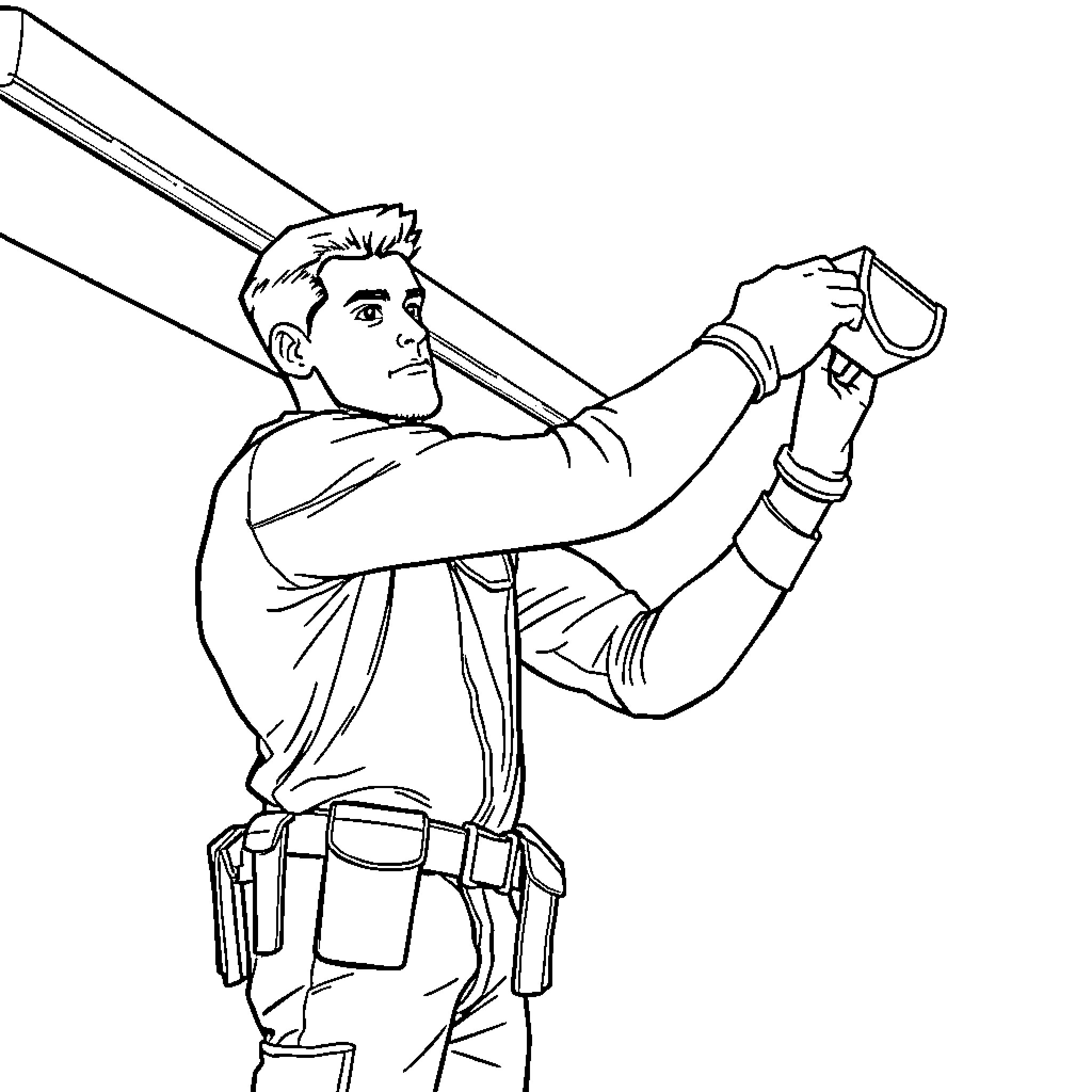Man repairing or adjusting a piece of equipment Coloring Page (free black-and-white line drawing printable PDF for all, from beginners to advanced learners, including children, teens, adults, and seniors)