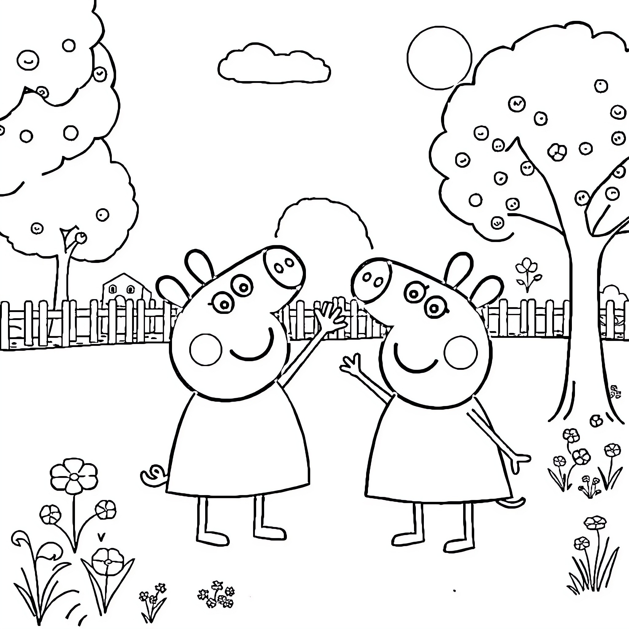 Bluey and friend play in the park Coloring Page (free black-and-white line drawing printable PDF for all, from beginners to advanced learners, including children, teens, adults, and seniors)