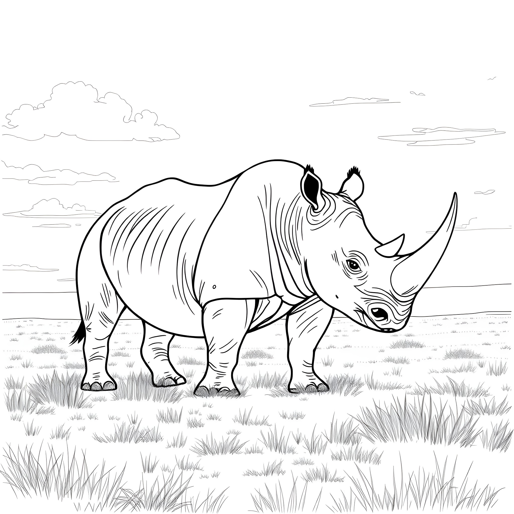 Rhinoceros standing in the grassland Coloring Page (free black-and-white line drawing printable PDF for all, from beginners to advanced learners, including children, teens, adults, and seniors)