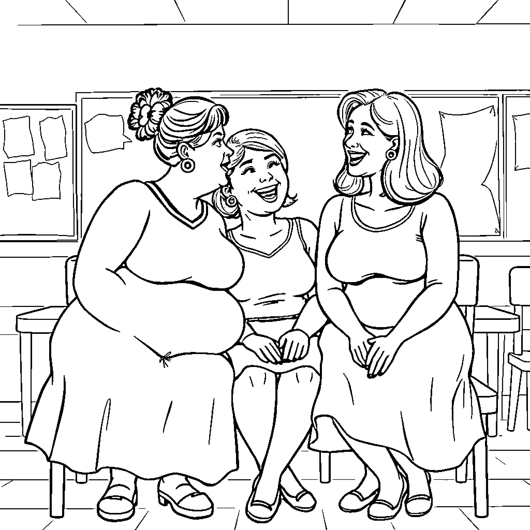 Lady friends sharing a warm conversation Coloring Page (free black-and-white line drawing printable PDF for all, from beginners to advanced learners, including children, teens, adults, and seniors)