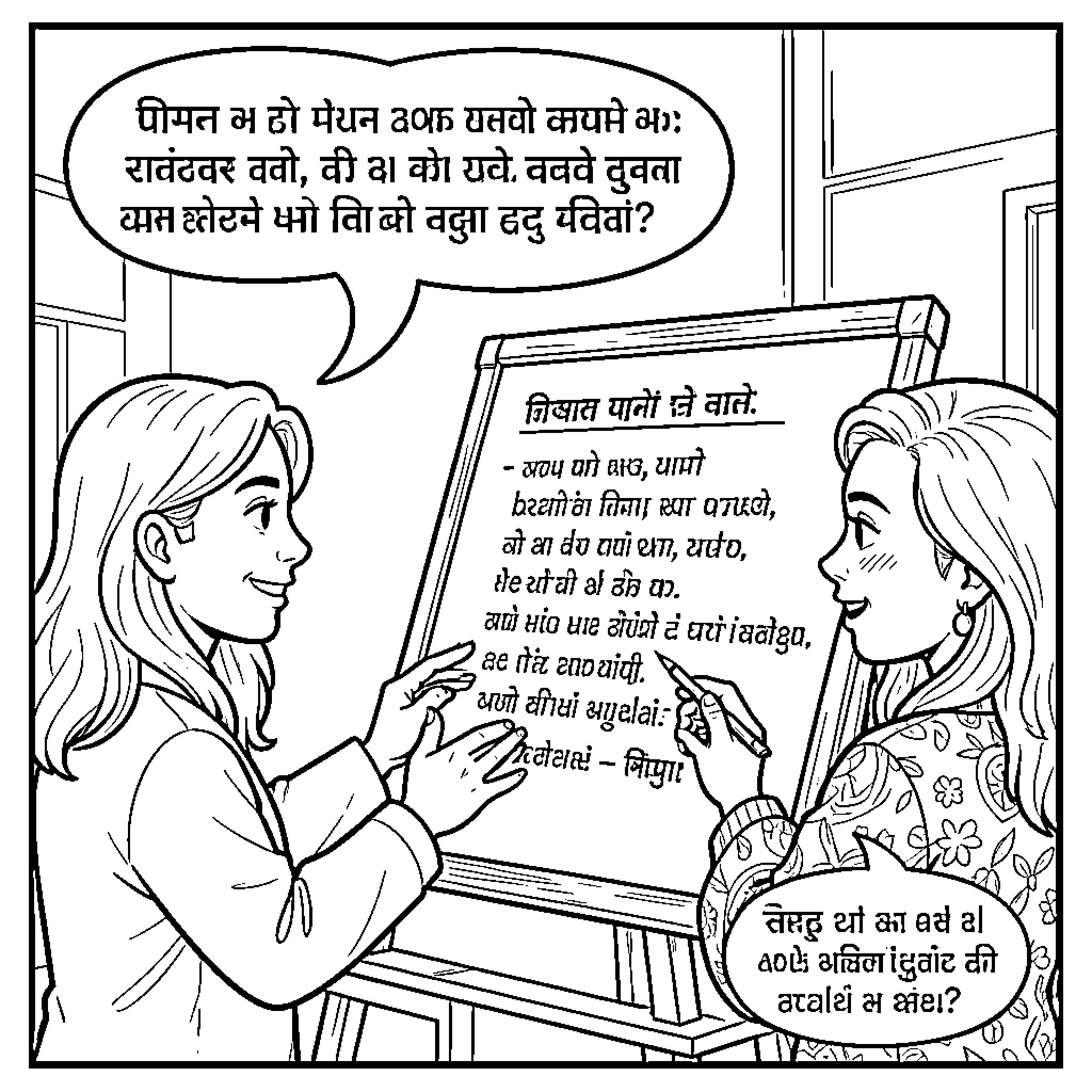 Dialogue between two women discussing text on a board Coloring Page (free black-and-white line drawing printable PDF for all, from beginners to advanced learners, including children, teens, adults, and seniors)