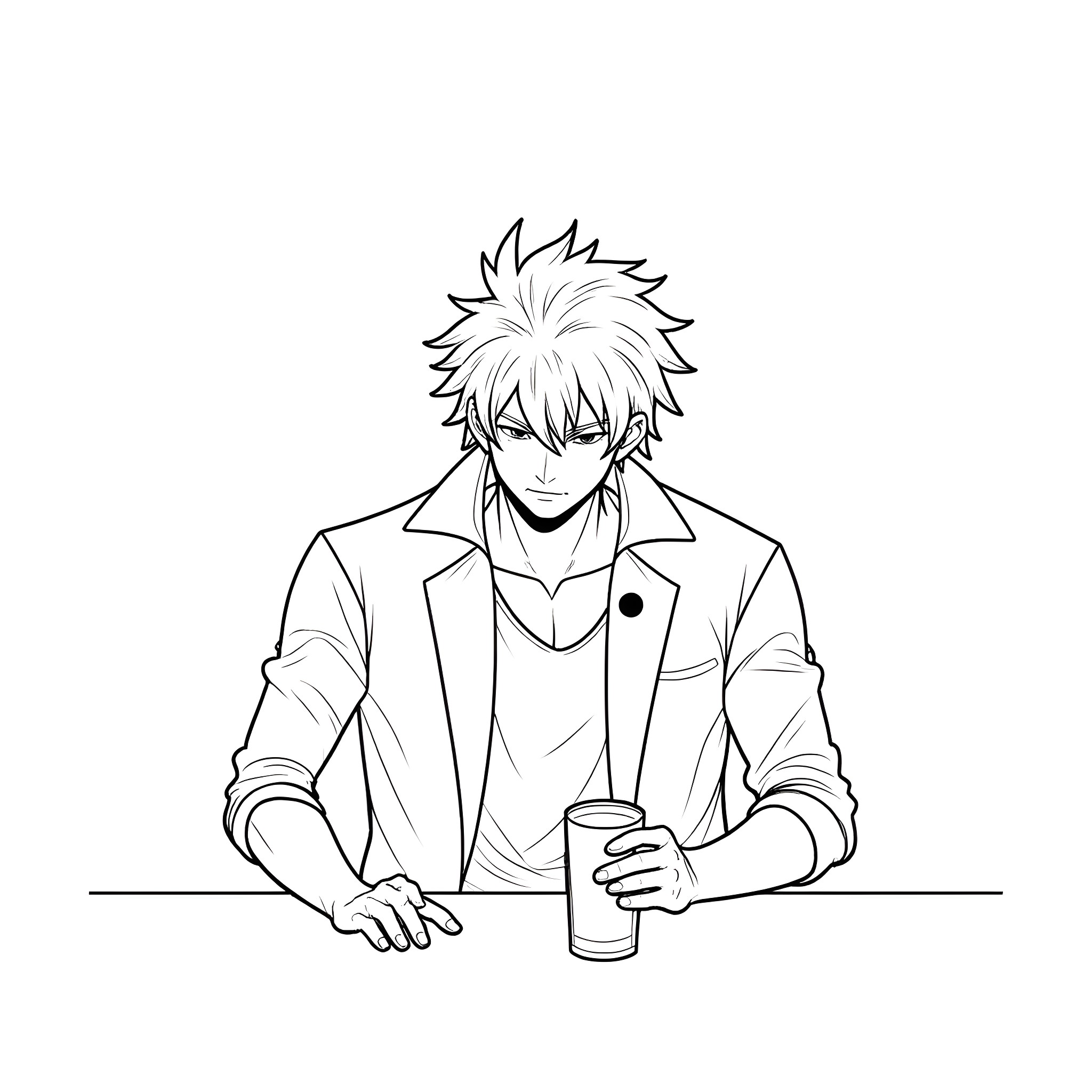 Demon Yusuke enjoying a beverage Coloring Page (free black-and-white line drawing printable PDF for all, from beginners to advanced learners, including children, teens, adults, and seniors)