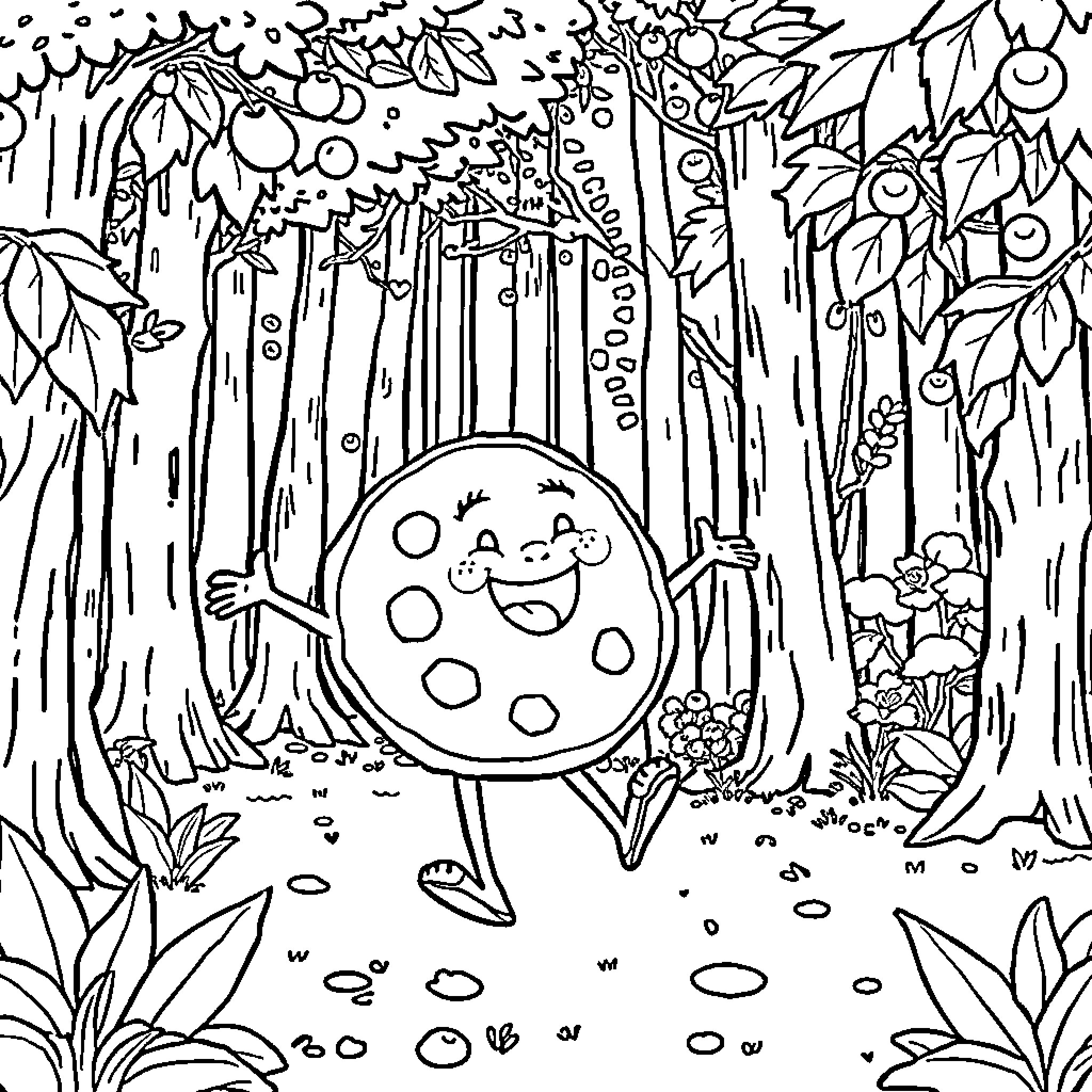 Pancake Dancing Happily in the Enchanted Forest Coloring Page (free black-and-white line drawing printable PDF for all, from beginners to advanced learners, including children, teens, adults, and seniors)