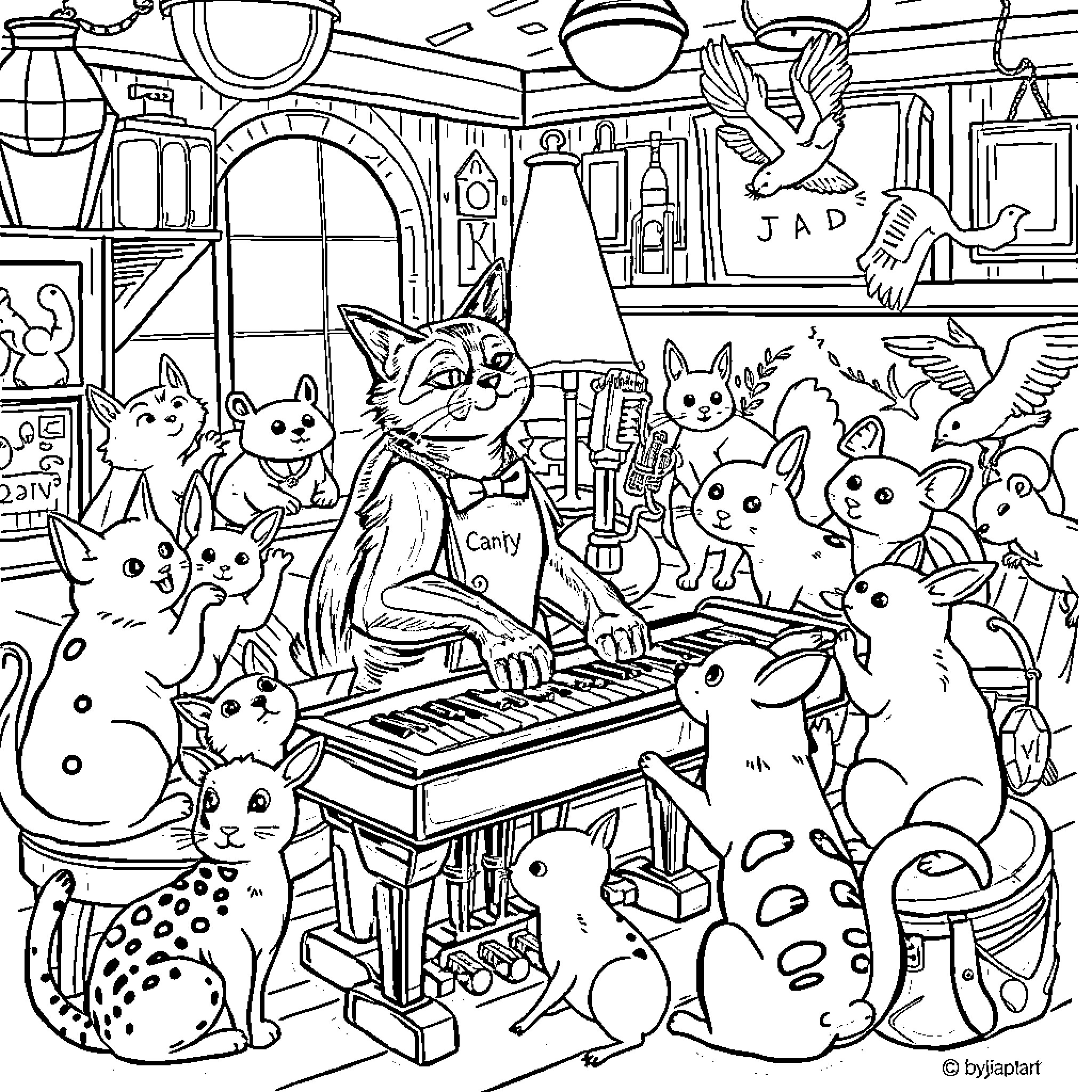 Cat band playing music in the studio Coloring Page (free black-and-white line drawing printable PDF for all, from beginners to advanced learners, including children, teens, adults, and seniors)