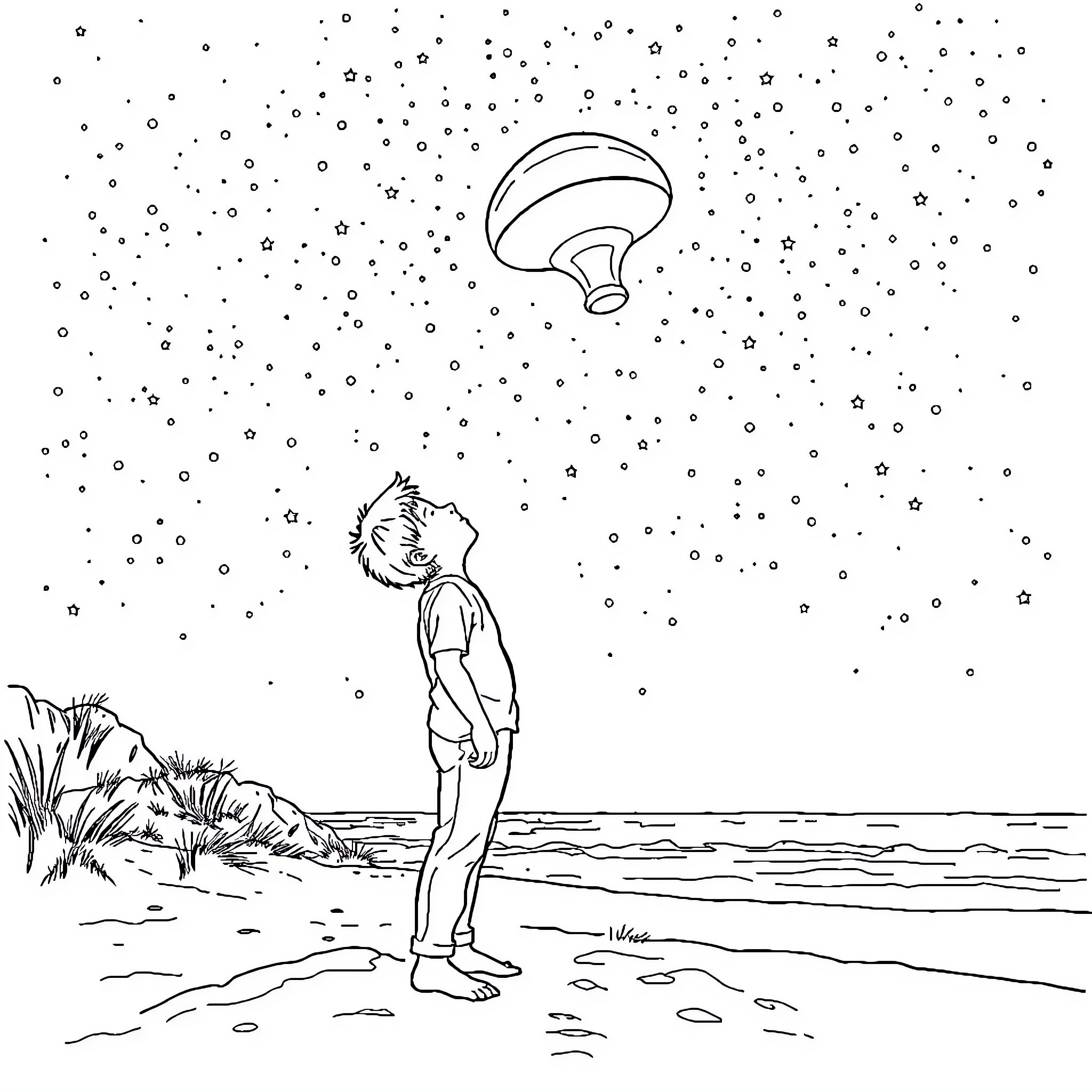 Elio gazes at the mysterious mushroom in the night sky Coloring Page (free black-and-white line drawing printable PDF for all, from beginners to advanced learners, including children, teens, adults, and seniors)