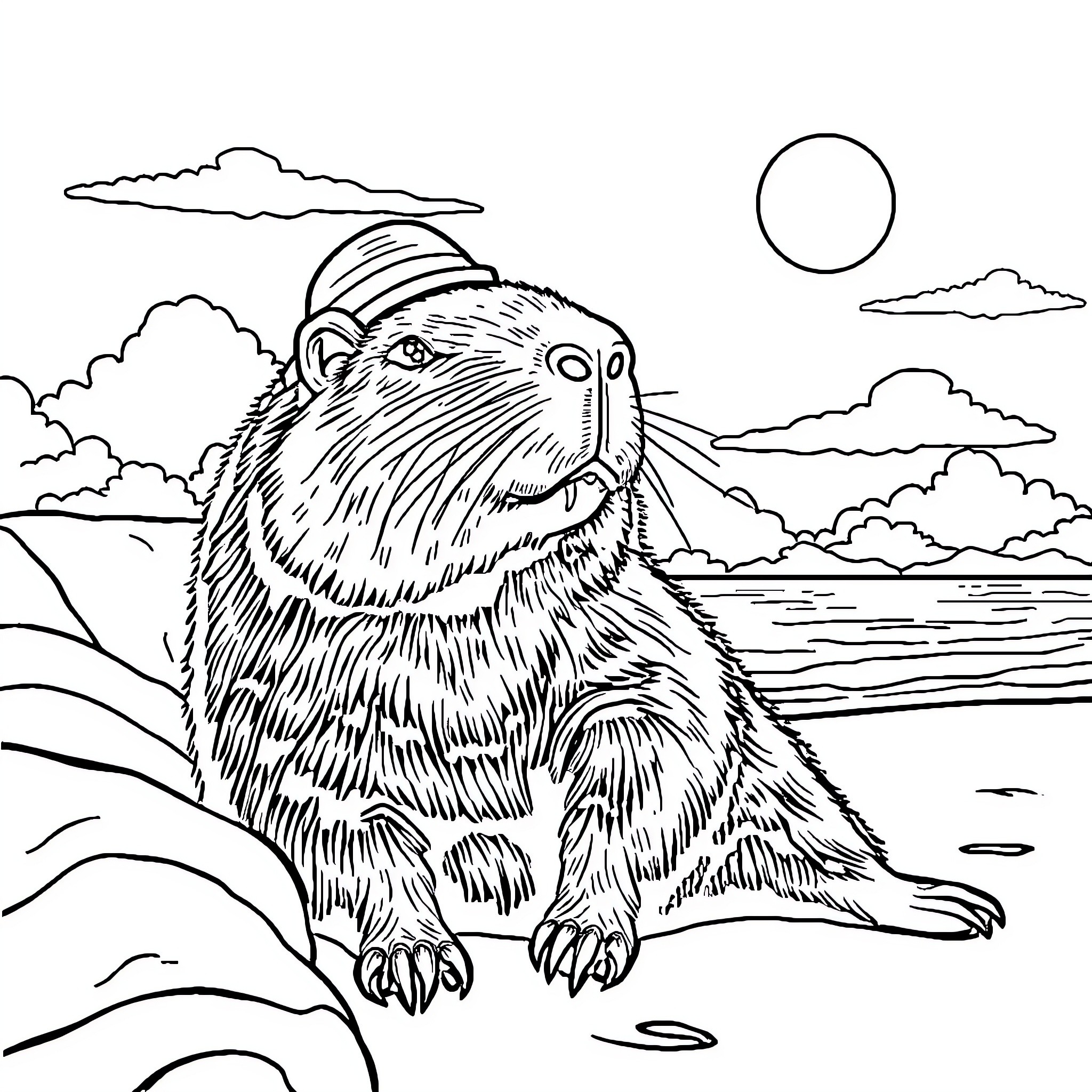 Capybara enjoying the serene landscape Coloring Page (free black-and-white line drawing printable PDF for all, from beginners to advanced learners, including children, teens, adults, and seniors)
