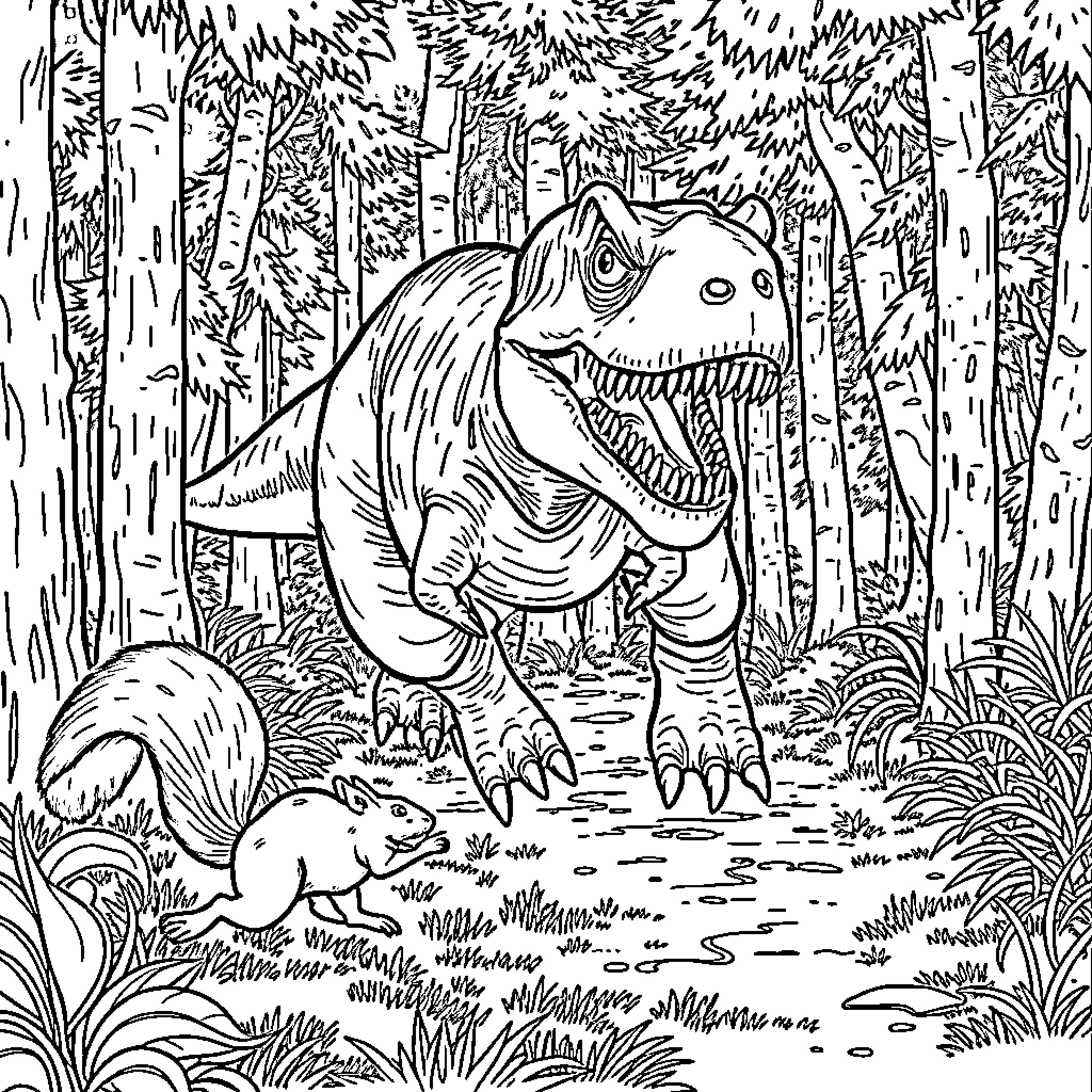 T-Rex hunting small animal in the forest Coloring Page (free black-and-white line drawing printable PDF for all, from beginners to advanced learners, including children, teens, adults, and seniors)