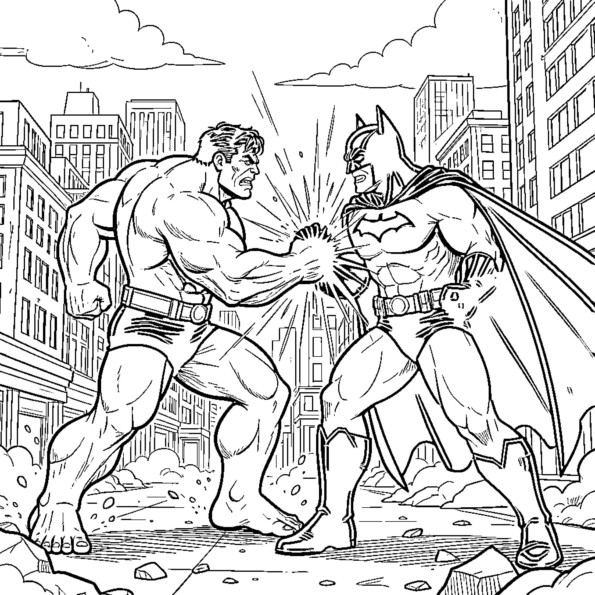 Hulk fighting a superhero in a city street Coloring Page (free black-and-white line drawing printable PDF for all, from beginners to advanced learners, including children, teens, adults, and seniors)