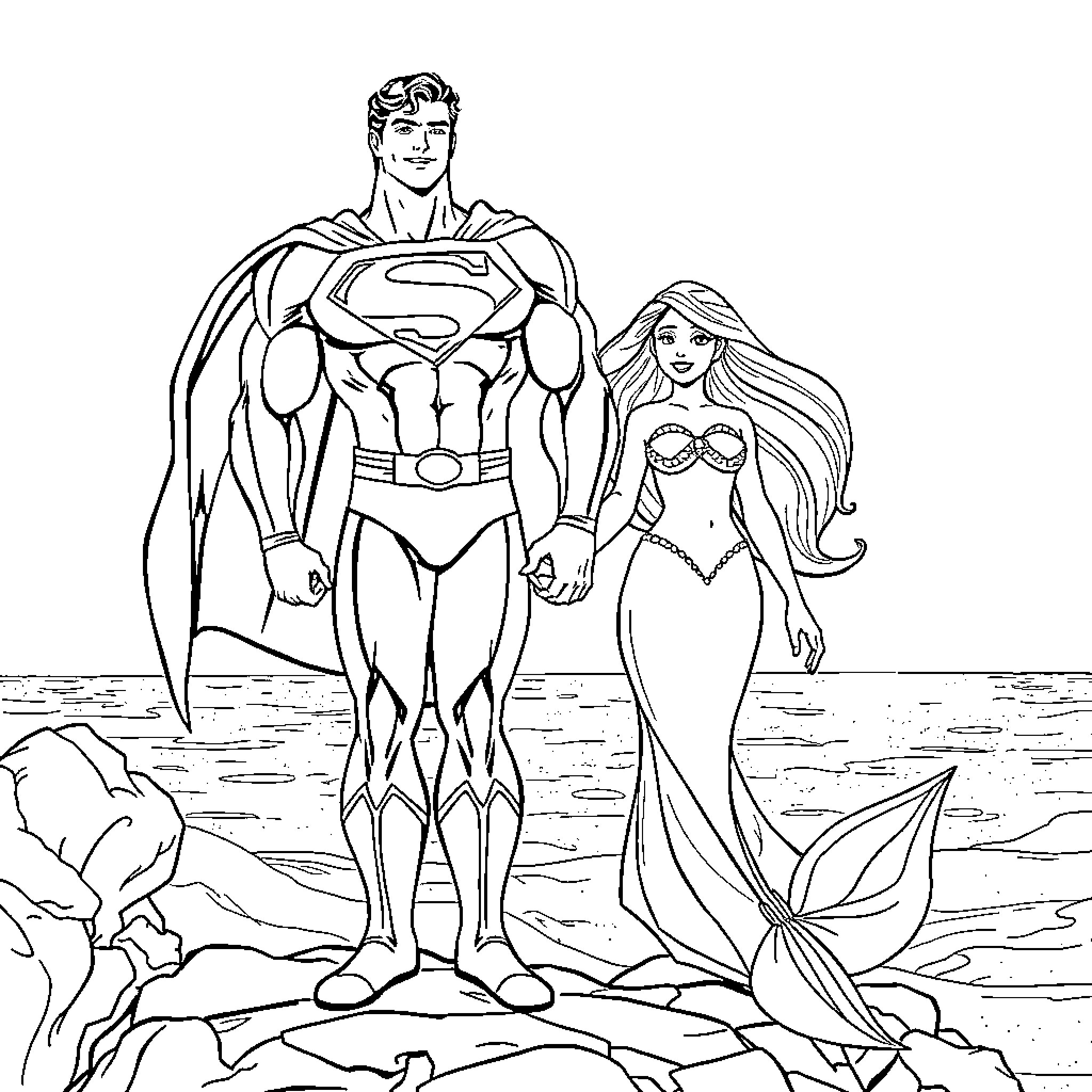 Superman and Mermaid on the Rocks Coloring Page (free black-and-white line drawing printable PDF for all, from beginners to advanced learners, including children, teens, adults, and seniors)