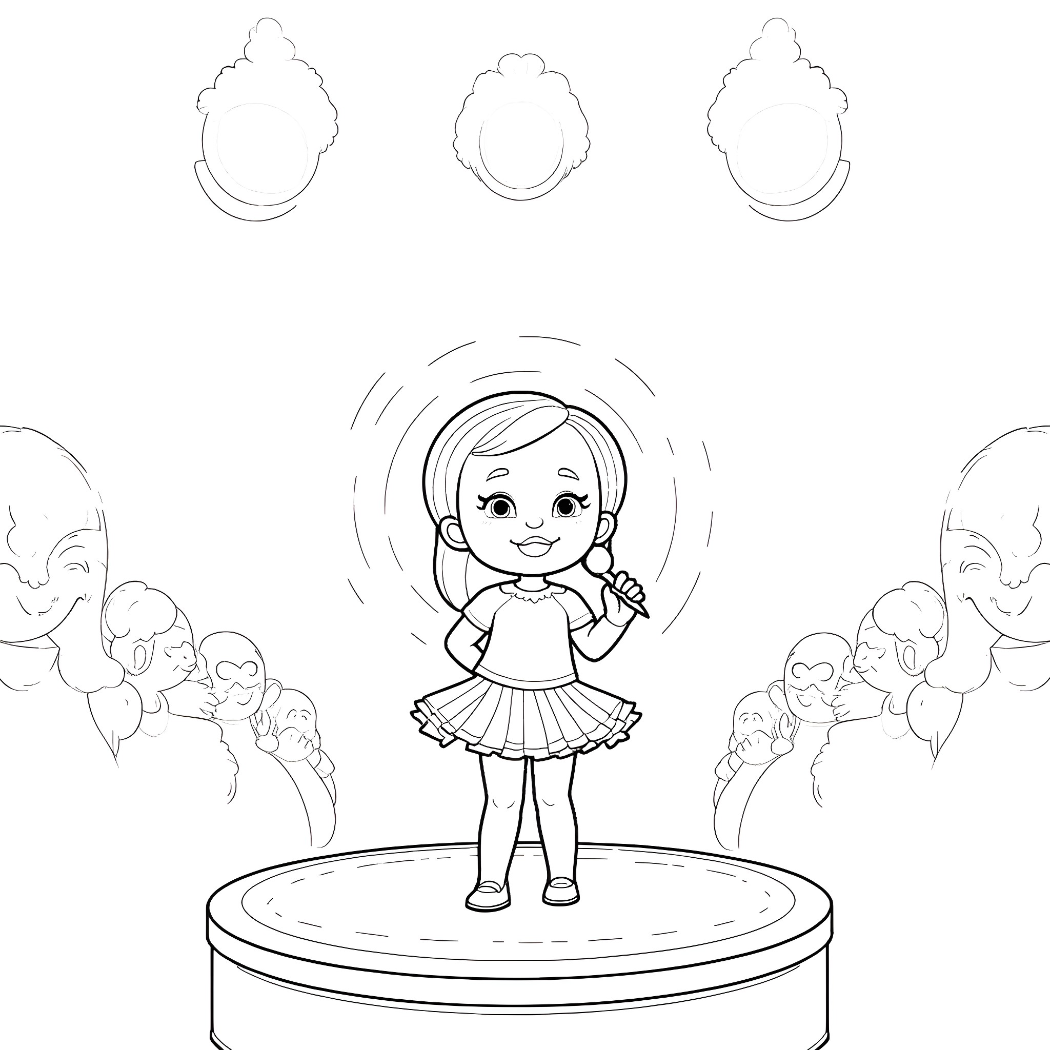 Babyalive performing on stage with audience Coloring Page (free black-and-white line drawing printable PDF for all, from beginners to advanced learners, including children, teens, adults, and seniors)