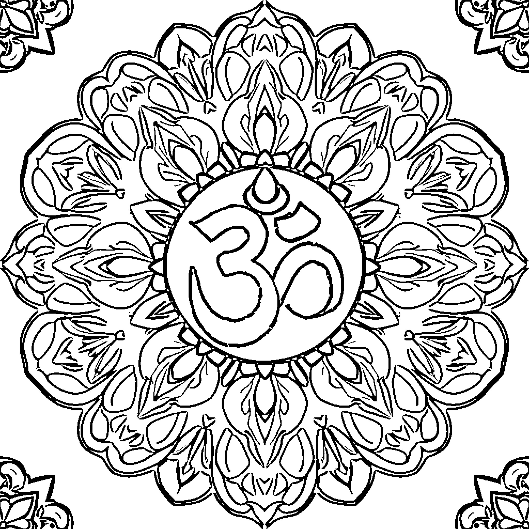 Aum Mandala of Intricate Symmetry Coloring Page (free black-and-white line drawing printable PDF for all, from beginners to advanced learners, including children, teens, adults, and seniors)