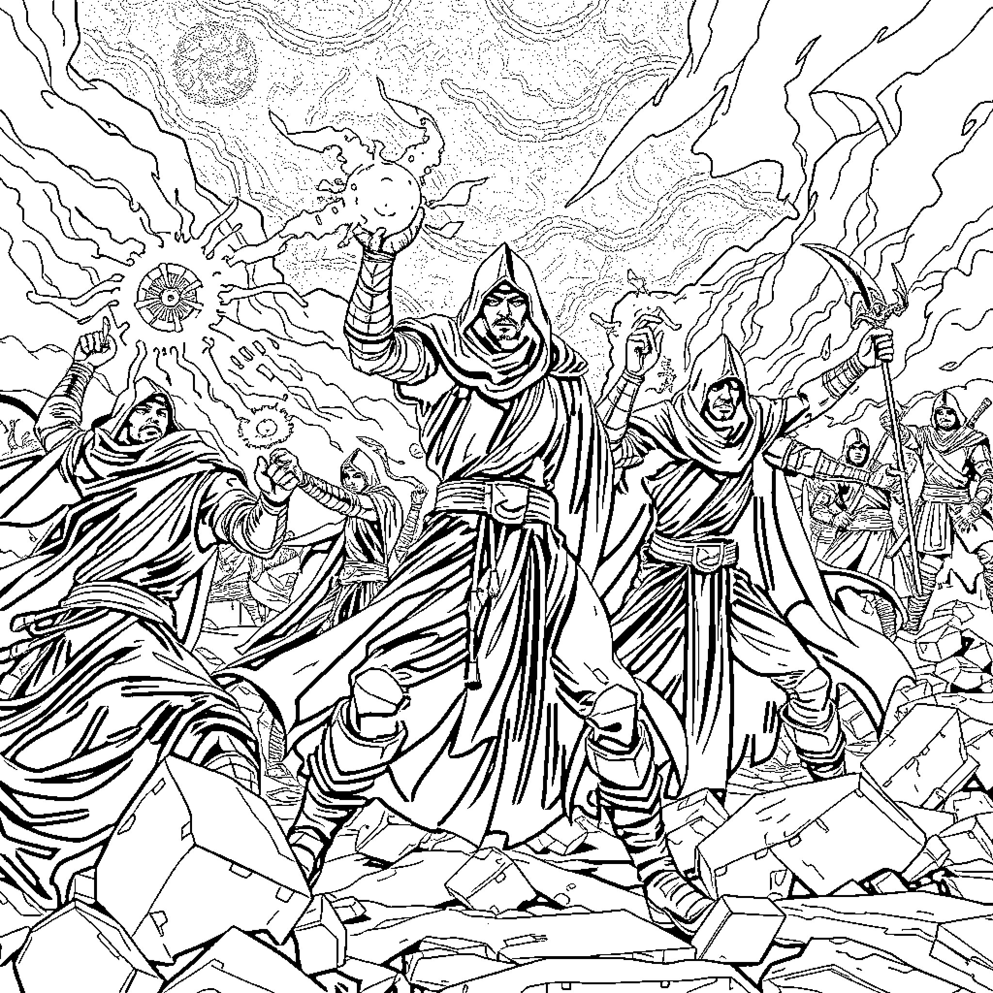 Planeswalker's Mystical Gathering Coloring Page (free black-and-white line drawing printable PDF for all, from beginners to advanced learners, including children, teens, adults, and seniors)