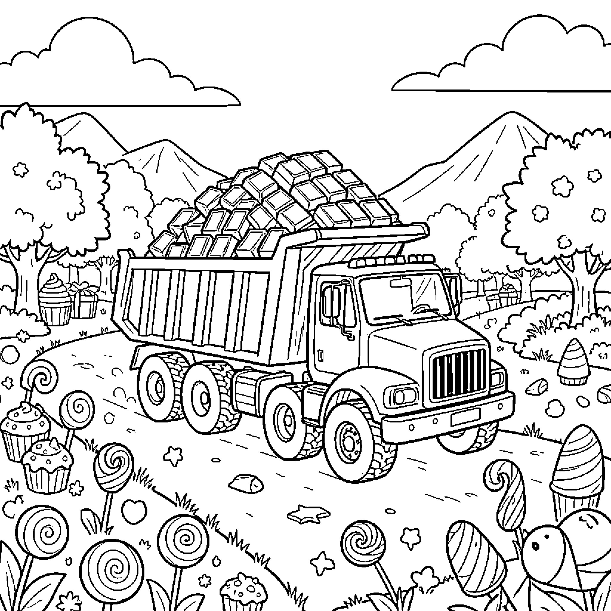 Dump Truck carrying heavy boxes through a candy land Coloring Page (free black-and-white line drawing printable PDF for all, from beginners to advanced learners, including children, teens, adults, and seniors)