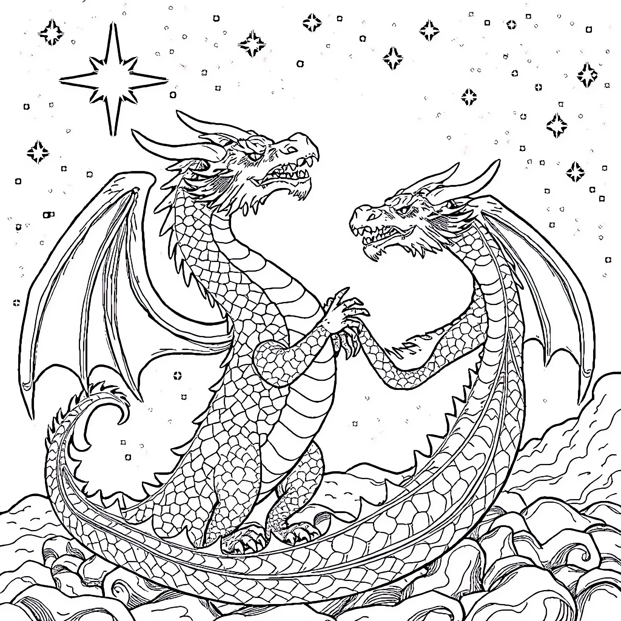 Dragons battling amidst the starry night sky Coloring Page (free black-and-white line drawing printable PDF for all, from beginners to advanced learners, including children, teens, adults, and seniors)