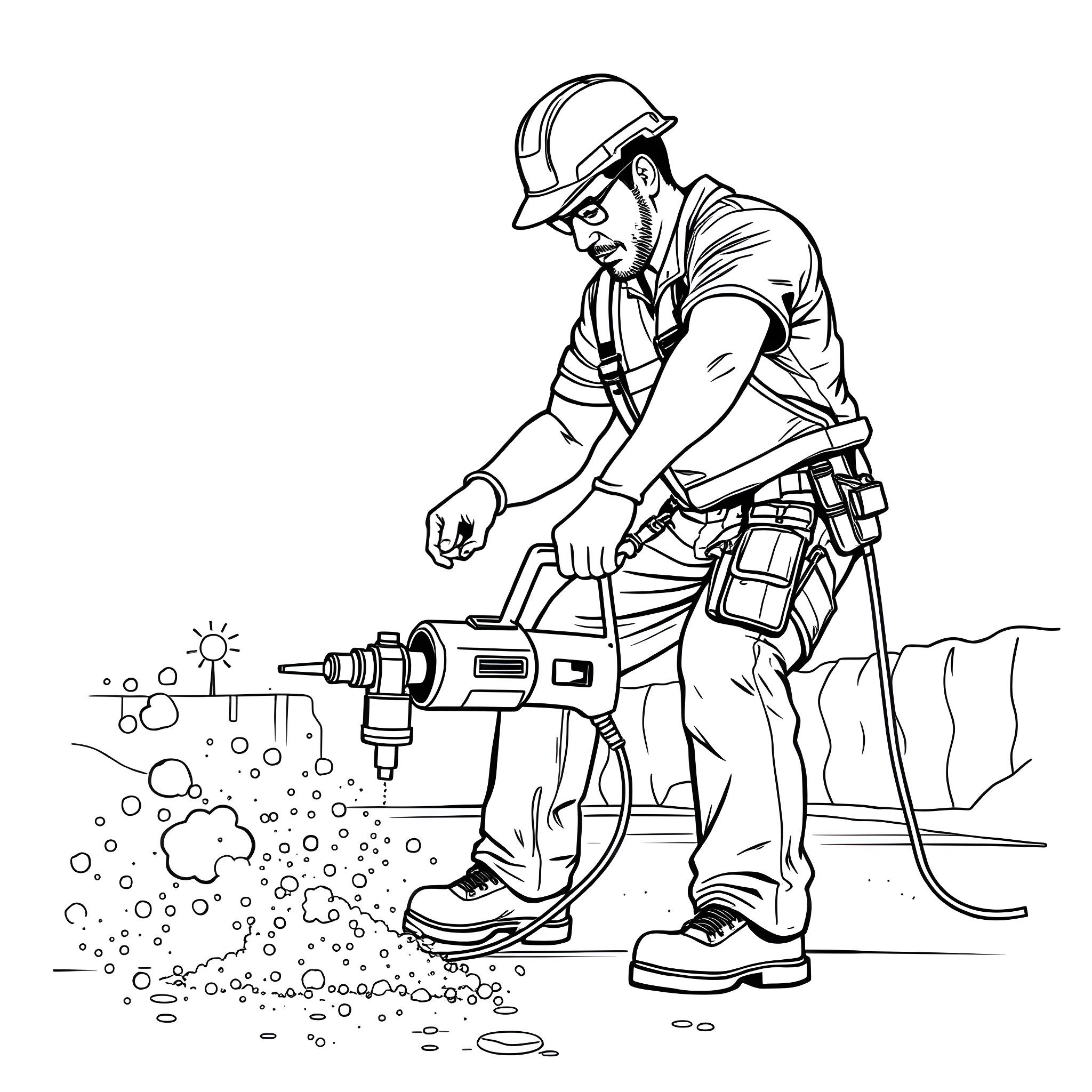 Worker using power tool on construction site Coloring Page (free black-and-white line drawing printable PDF for all, from beginners to advanced learners, including children, teens, adults, and seniors)