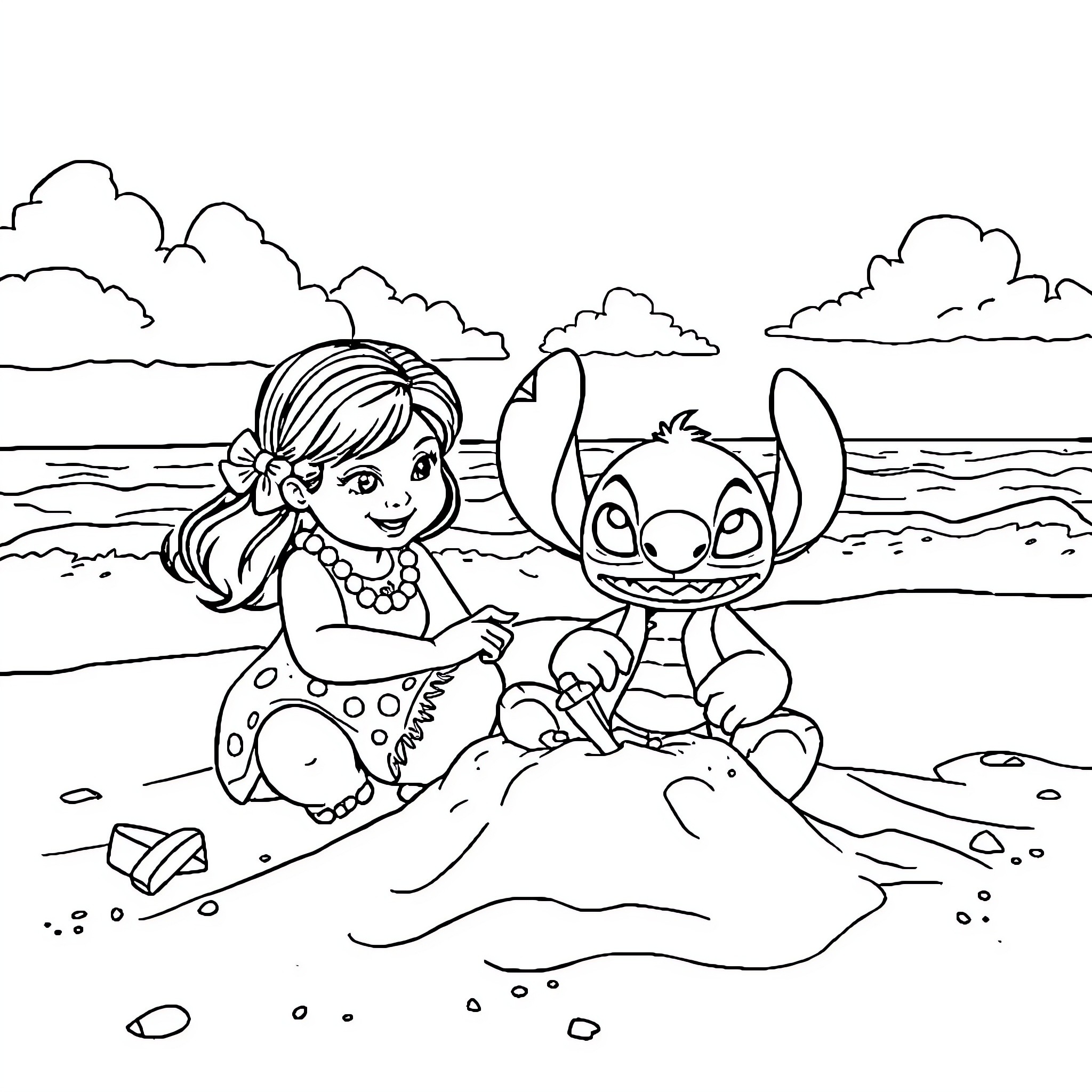 Lilo and Stitch playing on the beach Coloring Page (free black-and-white line drawing printable PDF for all, from beginners to advanced learners, including children, teens, adults, and seniors)