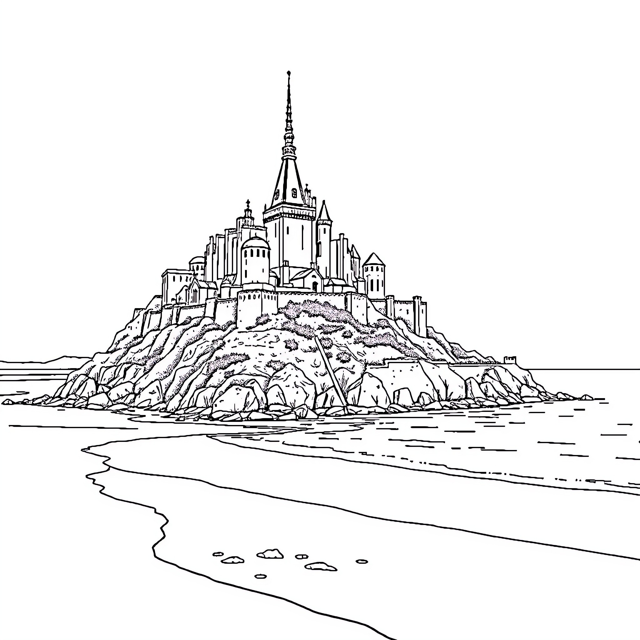 Mont Saint Michel: Majestic Abbey on a Rocky Outcrop Coloring Page (free black-and-white line drawing printable PDF for all, from beginners to advanced learners, including children, teens, adults, and seniors)