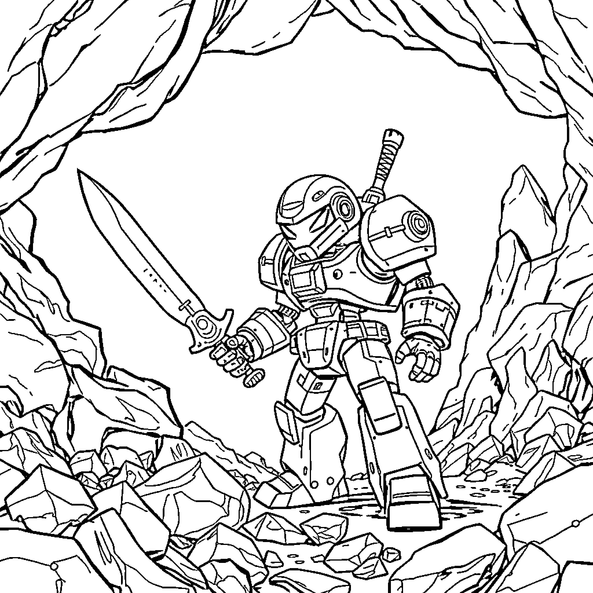 Robot Warrior Wielding Sword in Ruined Environment Coloring Page (free black-and-white line drawing printable PDF for all, from beginners to advanced learners, including children, teens, adults, and seniors)