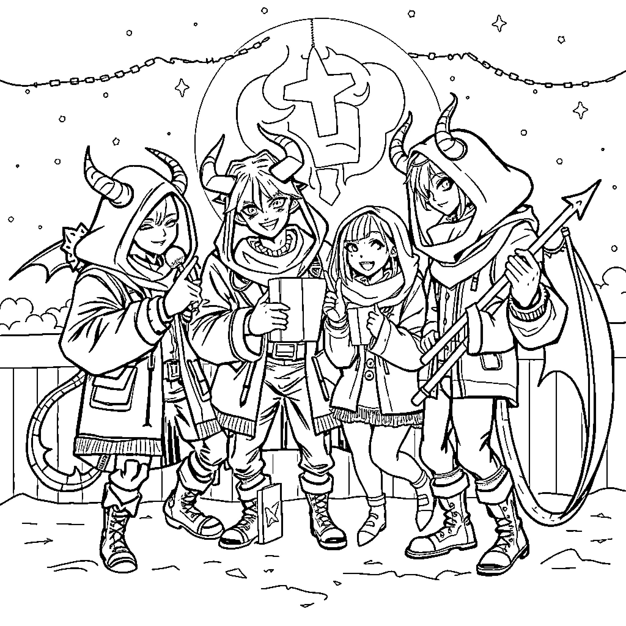 K Pop Group Performing in Spooky Costumes Coloring Page (free black-and-white line drawing printable PDF for all, from beginners to advanced learners, including children, teens, adults, and seniors)