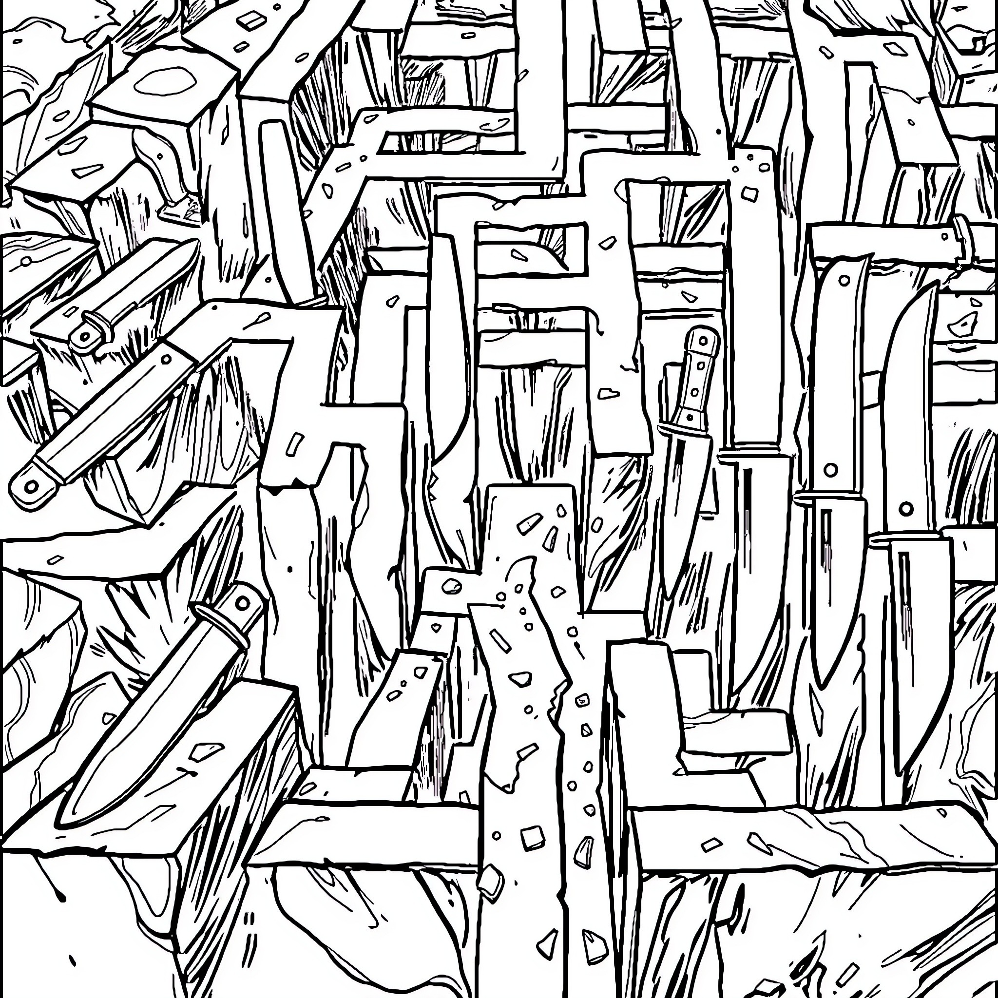 Knife-wielding Figures in Abstract Chaos Coloring Page (free black-and-white line drawing printable PDF for all, from beginners to advanced learners, including children, teens, adults, and seniors)