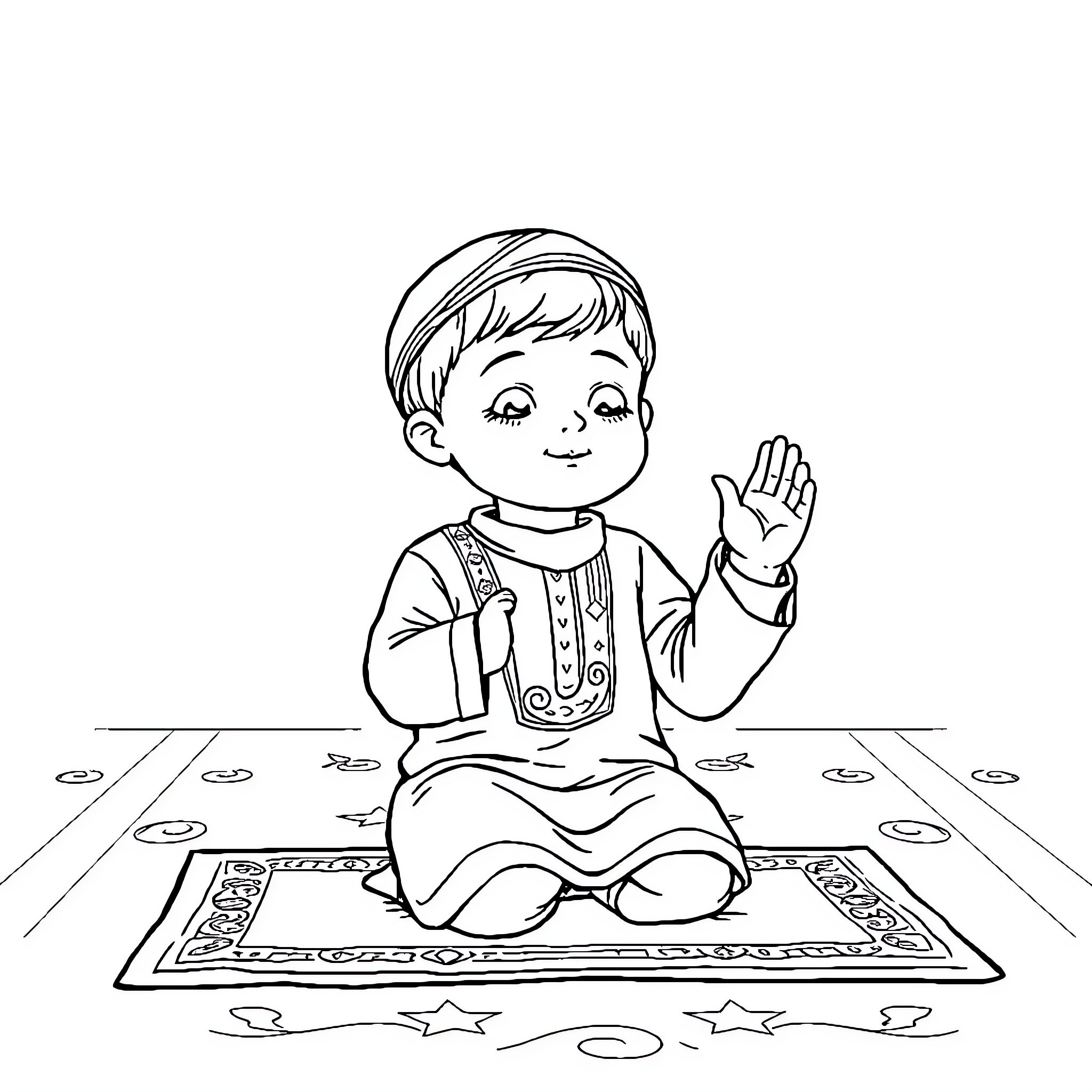 Kid praying on prayer mat with stars Coloring Page (free black-and-white line drawing printable PDF for all, from beginners to advanced learners, including children, teens, adults, and seniors)